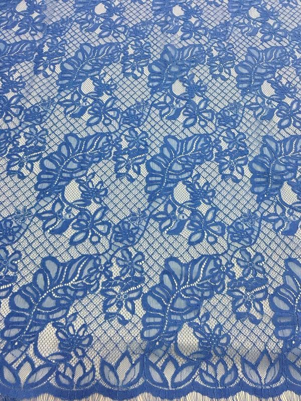 Blue Lace — featuring scalloped edges, a leaf design and a corded texture, in cotton, nylon and viscose, 145cm wide