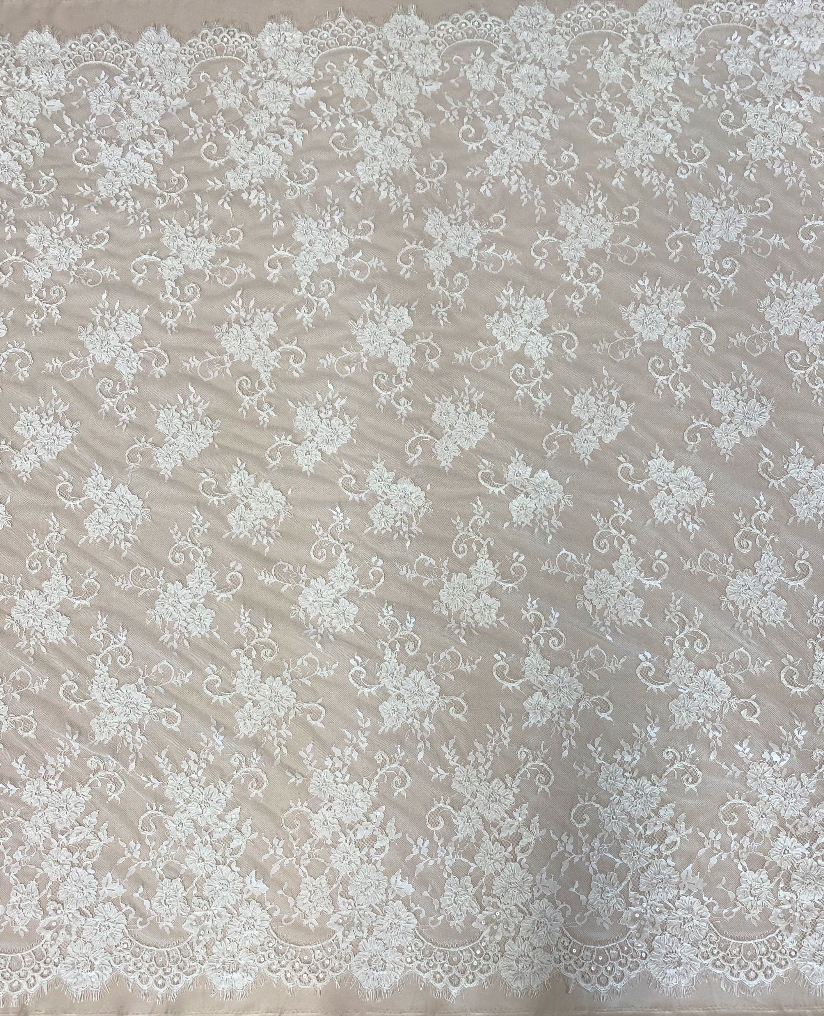 Ivory Corded Beaded Floral Lace — featuring scalloped edges, eyelash detail and a corded texture, in nylon, 140cm wide