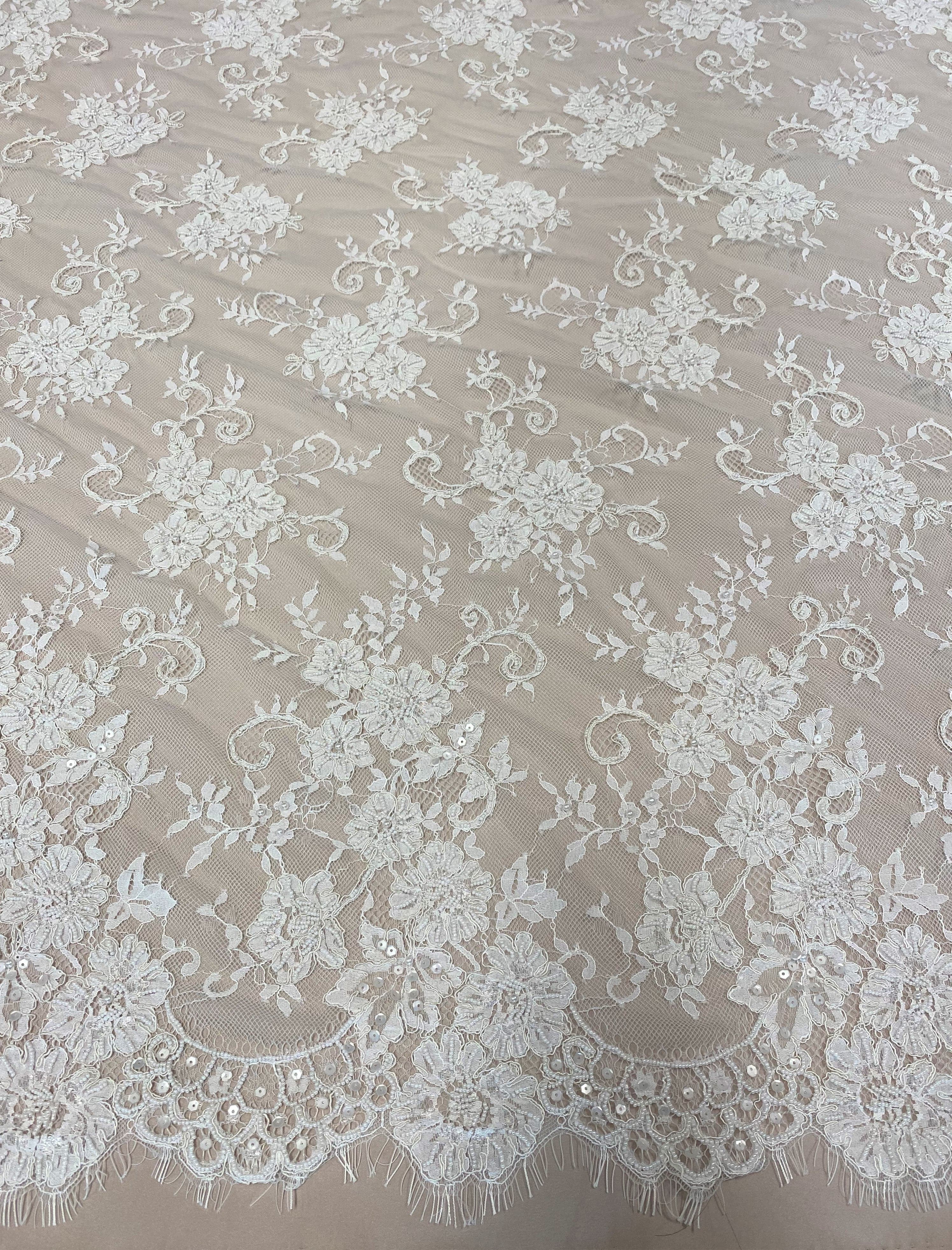 Ivory Corded Beaded Floral Lace — featuring scalloped edges, eyelash detail and a corded texture, in nylon, 140cm wide