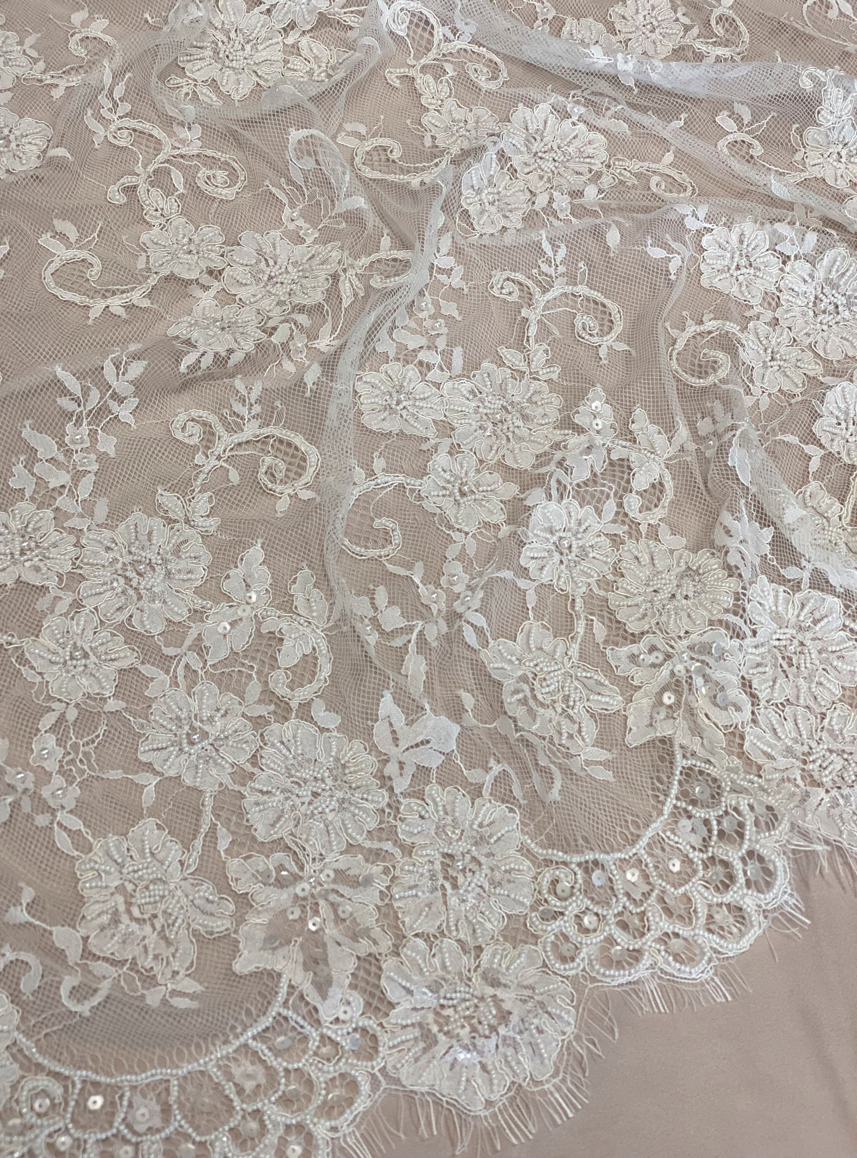 Ivory Corded Beaded Floral Lace — featuring scalloped edges, eyelash detail and a corded texture, in nylon, 140cm wide