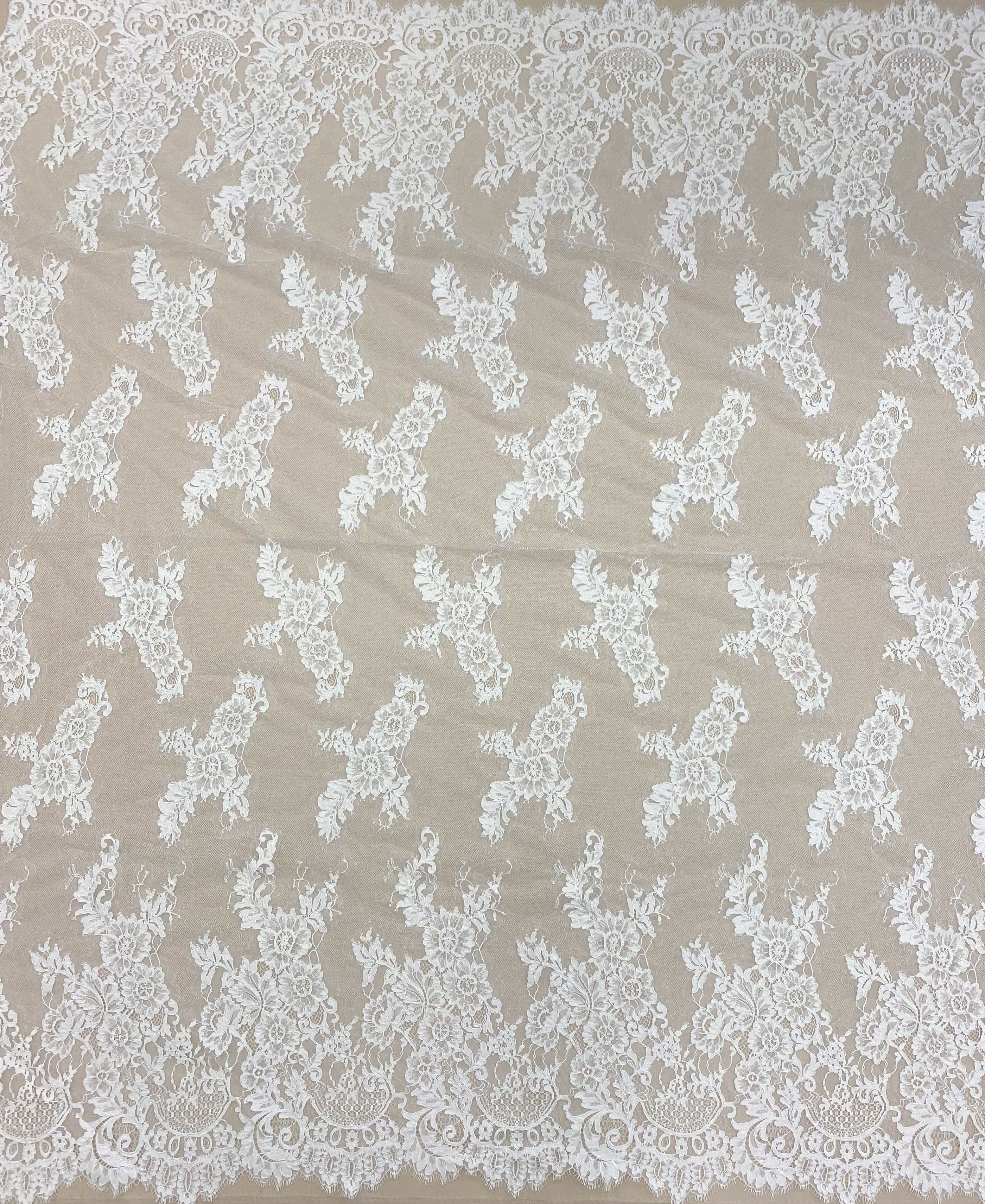 White Corded Floral Lace — featuring scalloped edges, eyelash detail and floral motifs, in nylon, 140cm wide