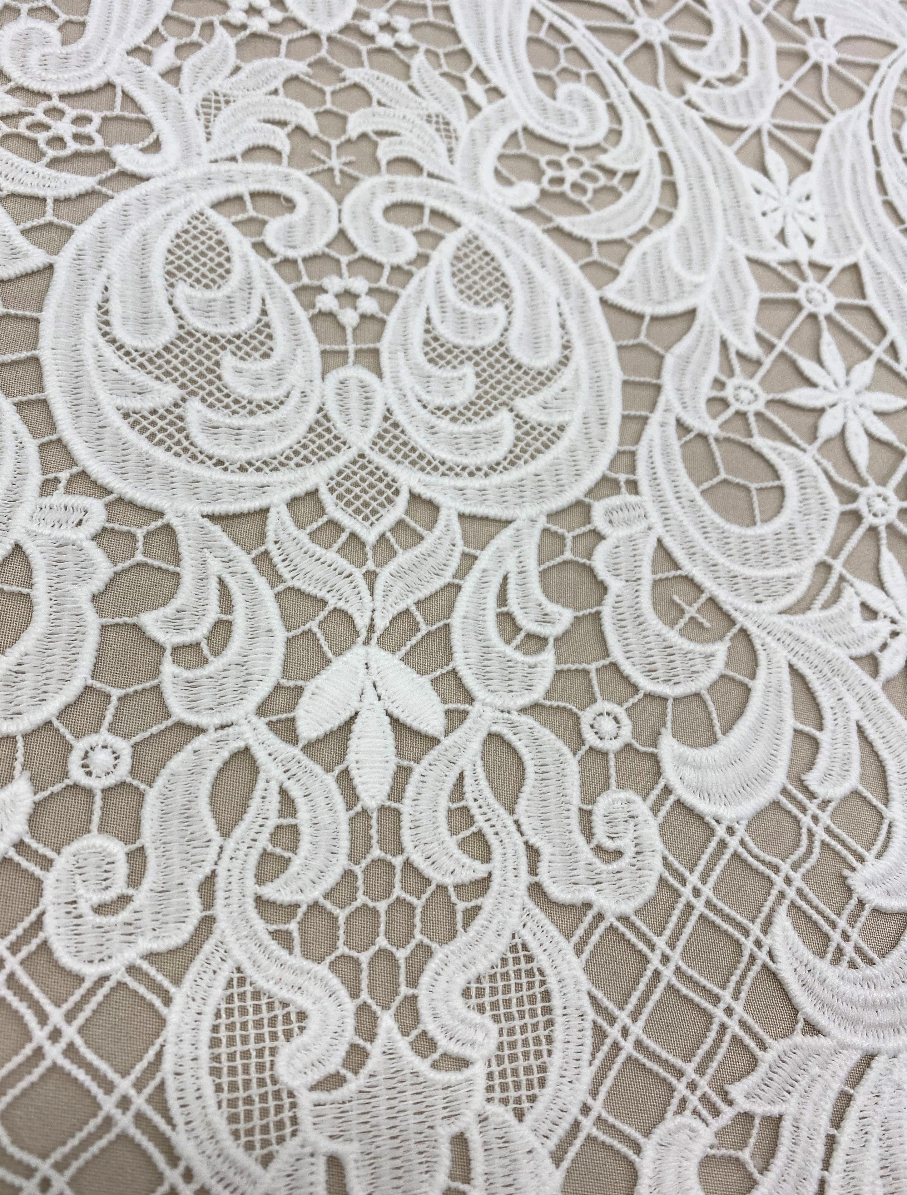 Ivory Filigree Guipure Lace — featuring scalloped edges, filigree scrollwork and paisley motifs, 120cm wide