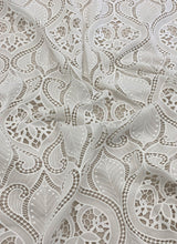 Ivory Embroidered Cutwork — featuring scalloped edges, eyelash detail and Guipure motifs, 100% polyester, 120cm wide