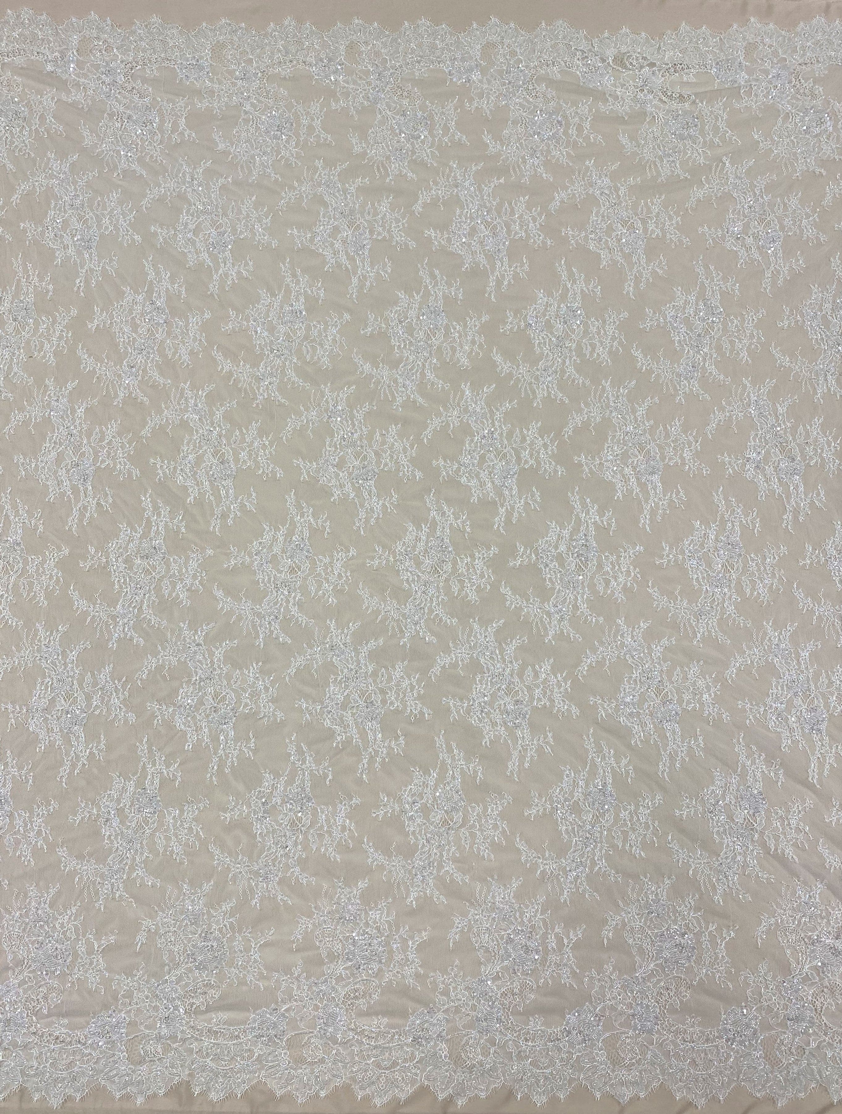 White Beaded Fine Lace — featuring scalloped edges, eyelash detail and floral motifs, in nylon, 150cm wide