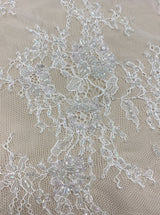 White Beaded Fine Lace — featuring scalloped edges, eyelash detail and floral motifs, in nylon, 150cm wide