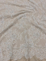 White Beaded Fine Lace — featuring scalloped edges, eyelash detail and floral motifs, in nylon, 150cm wide