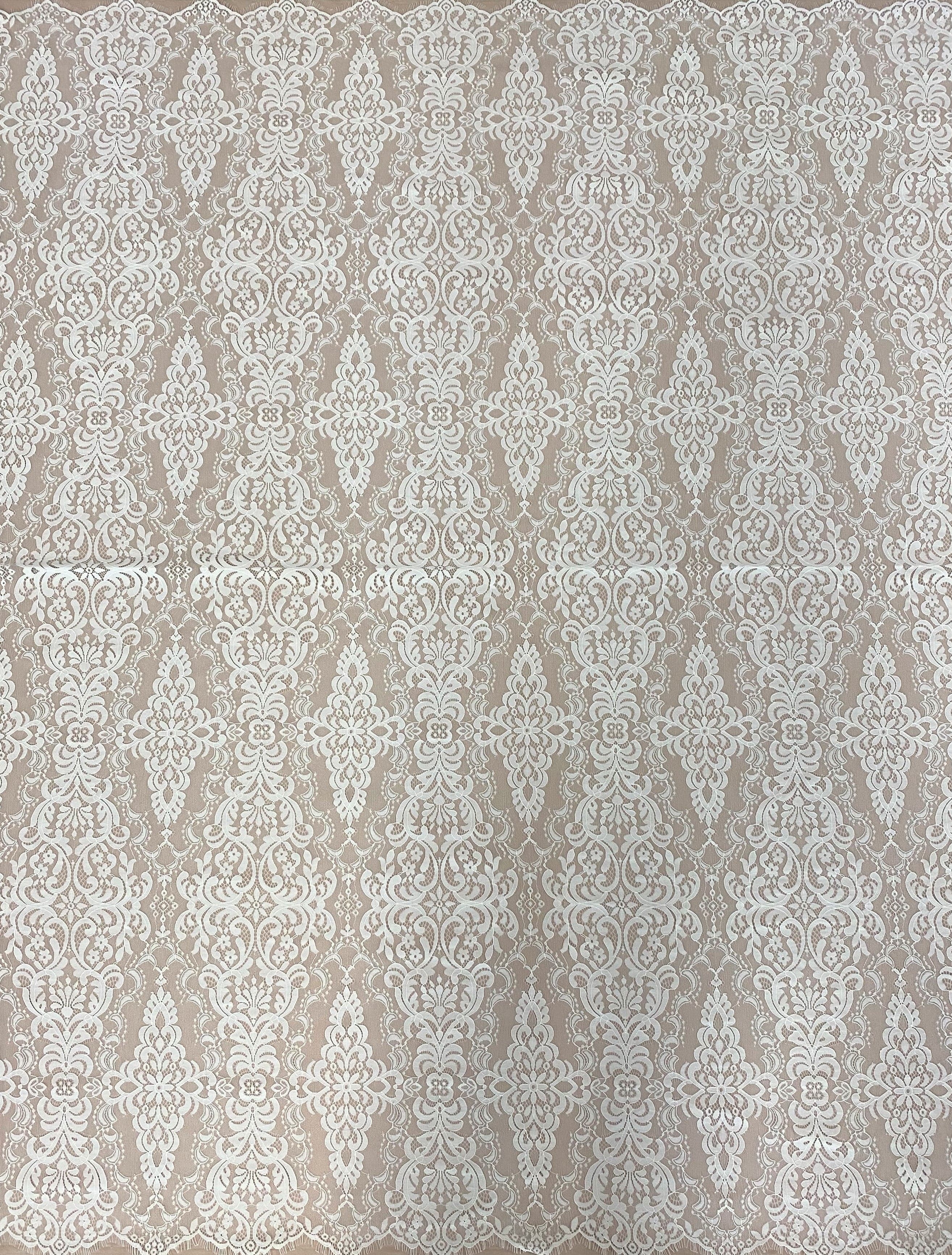 Light Ivory Corded Fine Lace — featuring scalloped edges, eyelash detail, arabesque motifs and a corded texture, 130cm wide
