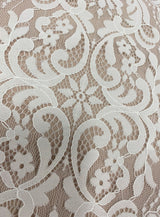 Light Ivory Corded Fine Lace — featuring scalloped edges, eyelash detail, arabesque motifs and a corded texture, 130cm wide