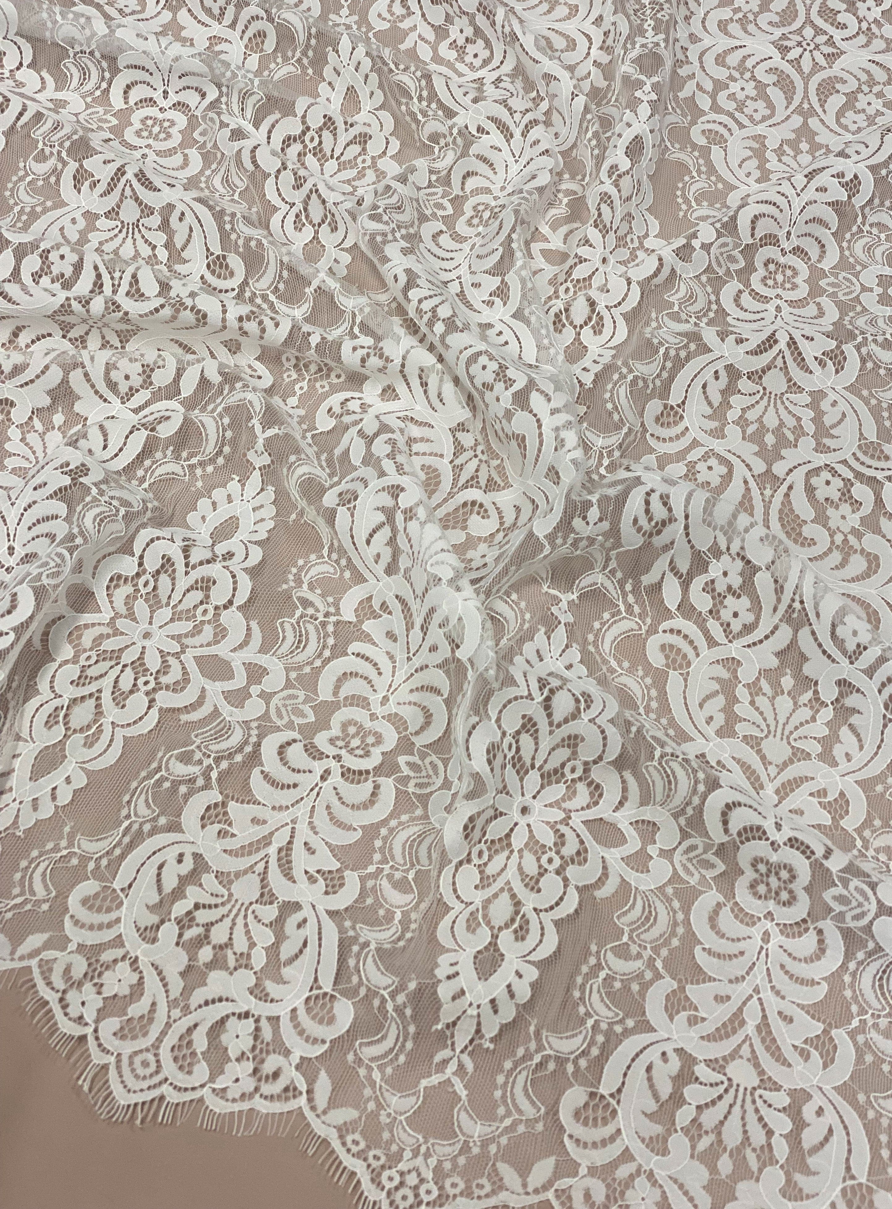 Light Ivory Corded Fine Lace — featuring scalloped edges, eyelash detail, arabesque motifs and a corded texture, 130cm wide
