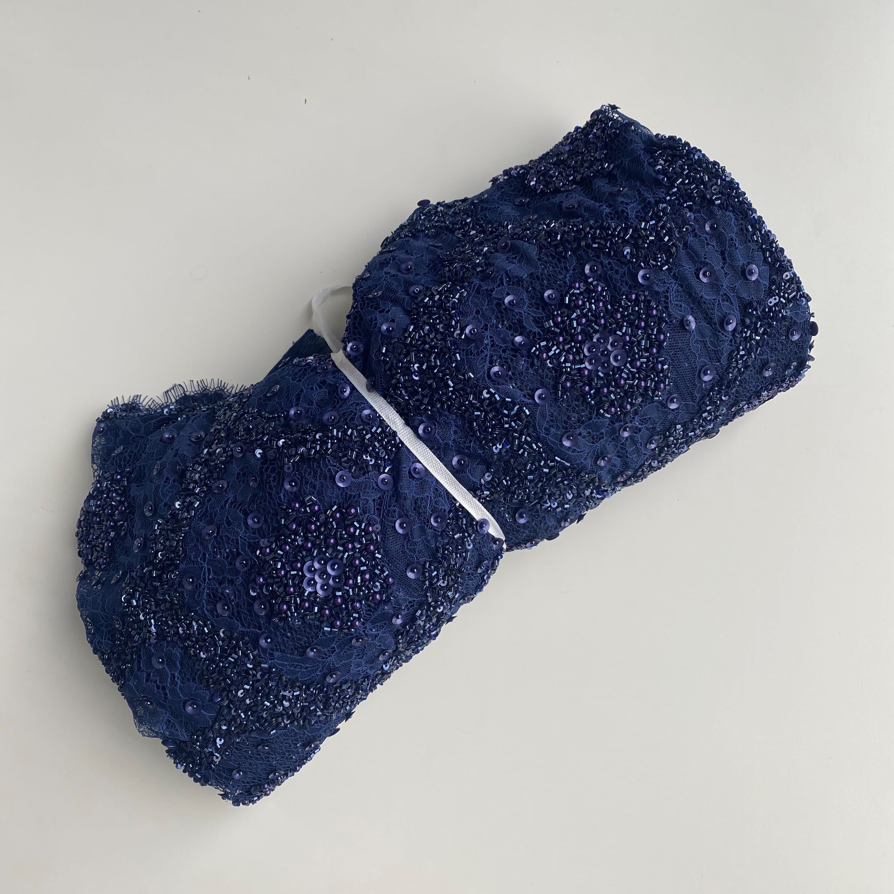 Navy Beaded Lace — featuring scalloped edges, eyelash detail and floral motifs, in nylon and viscose, 140cm wide