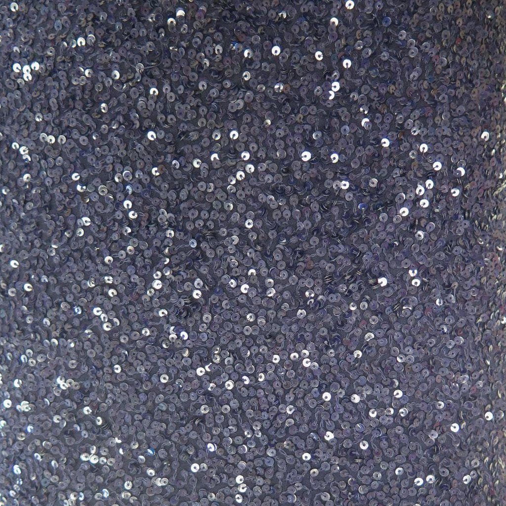 Navy Sequin Georgette — heavily sequined on a 100% silk georgette base, with sequins running the length, 110cm wide