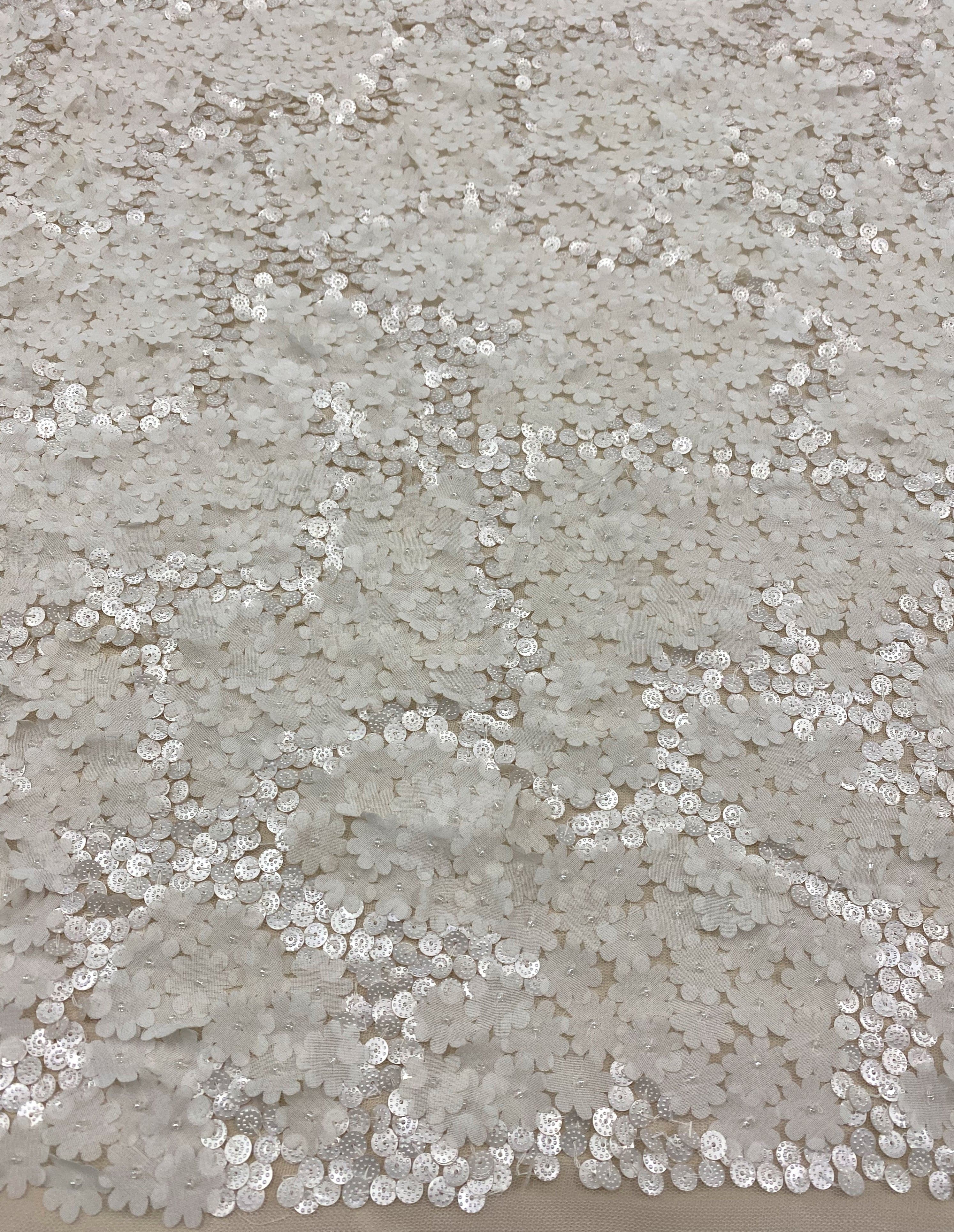Ivory Sequined Floral Tulle — featuring floral motifs, a 3D floral design and hand-beading, 100% polyamide, 110cm wide