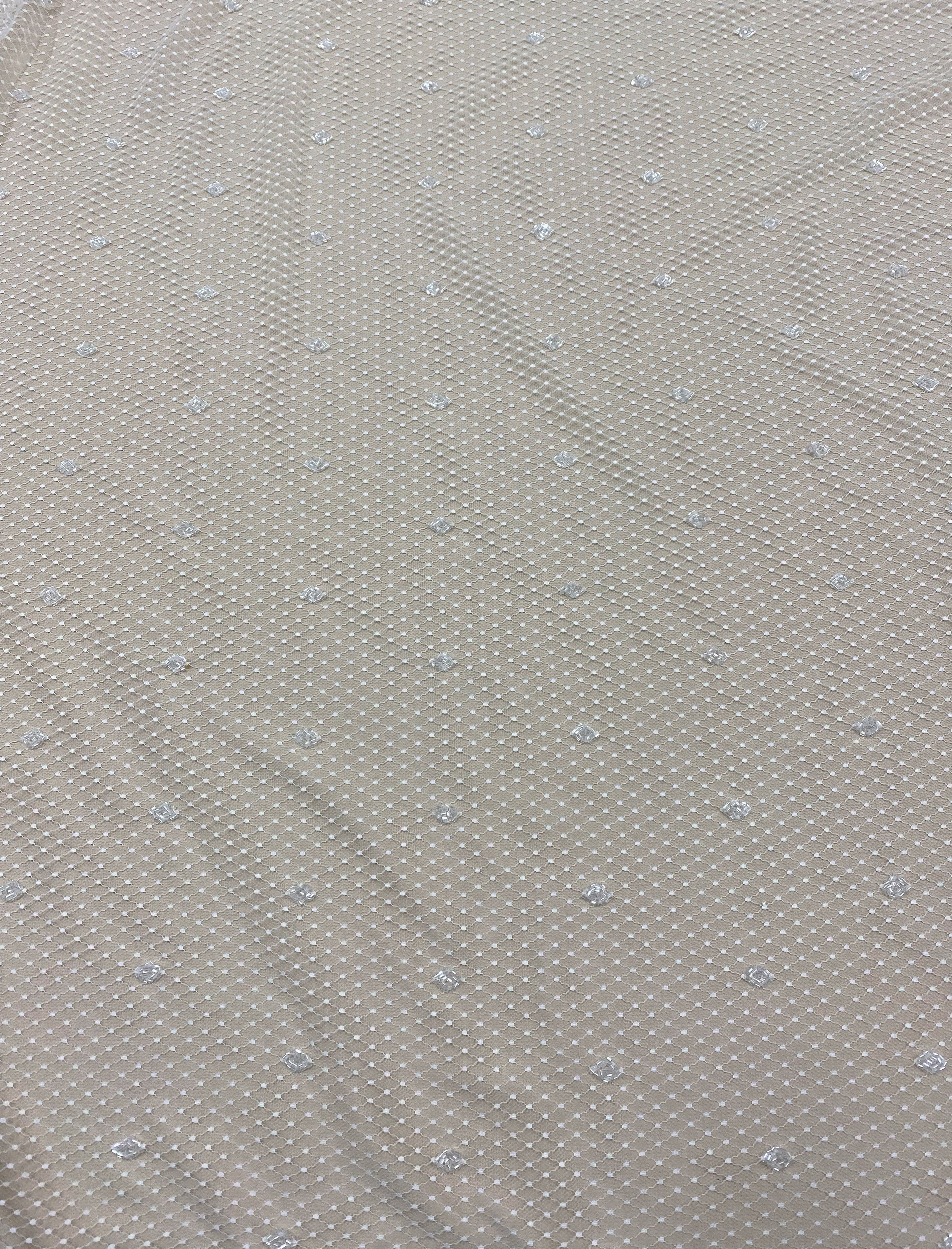 Ivory Beaded Crosshatched Tulle — featuring hand-beading, 100% polyamide, 140cm wide