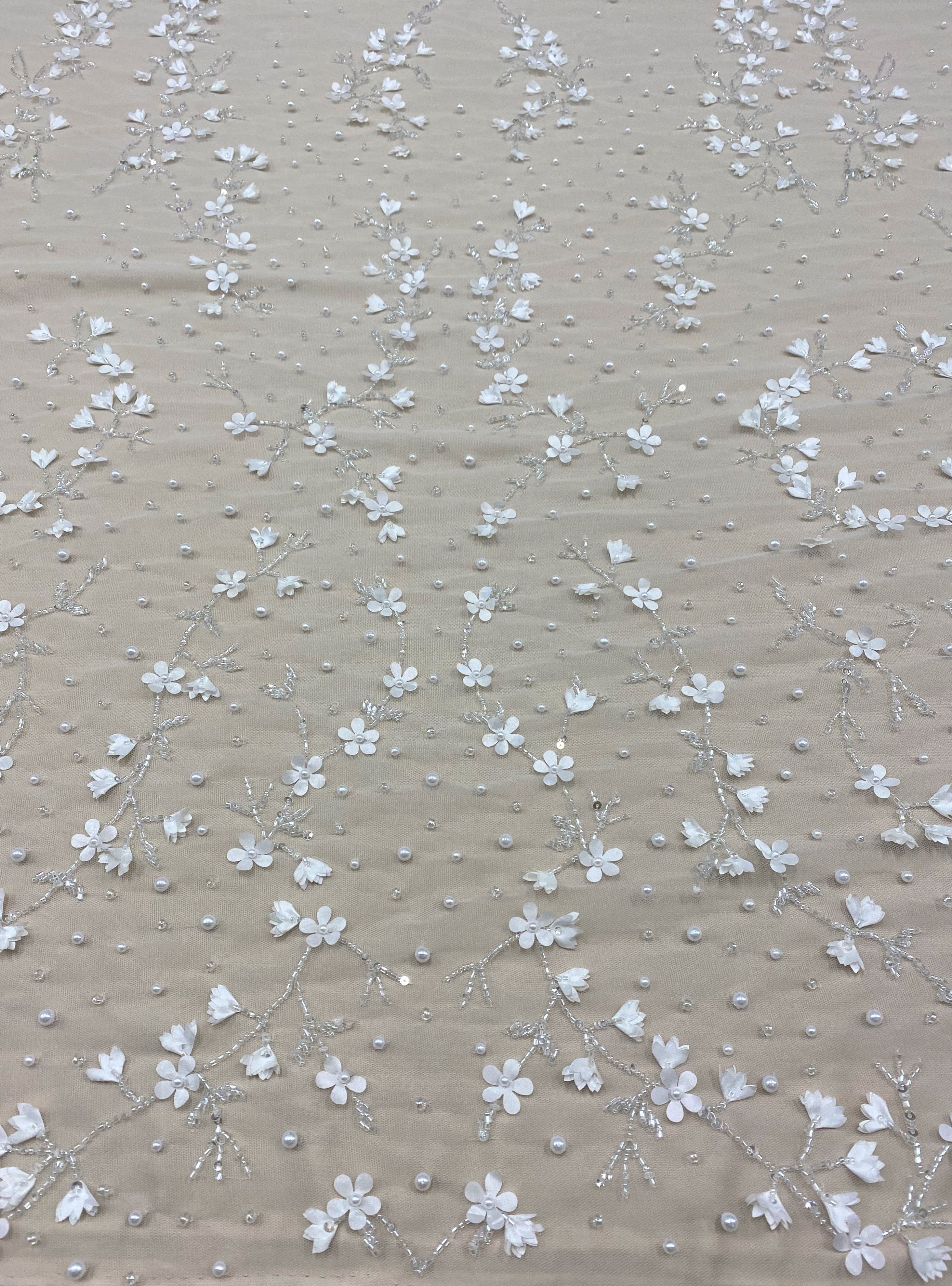 Ivory 3D Floral Embellished Tulle — featuring floral motifs and hand-beading, 100% polyamide, 140cm wide