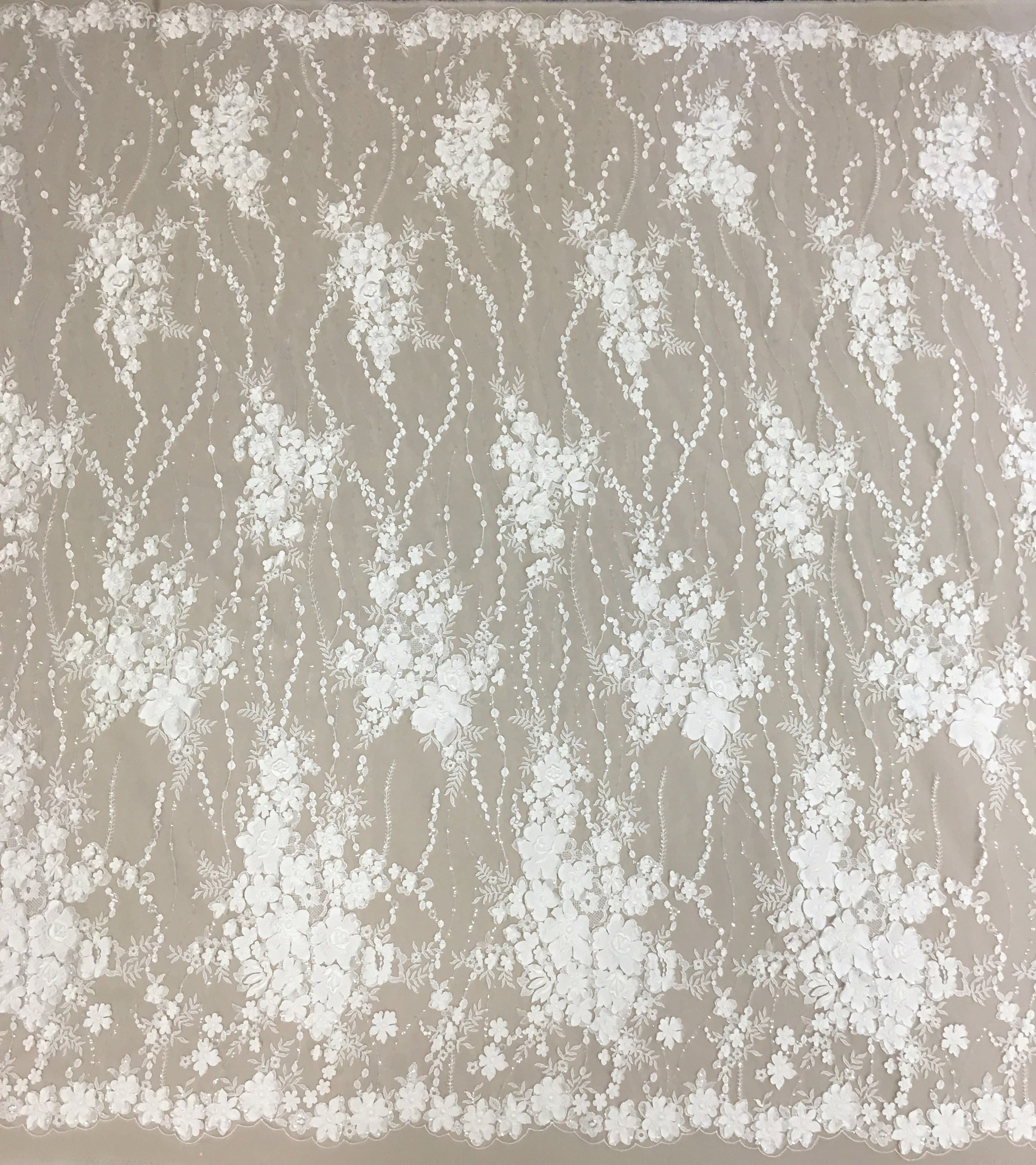 Ivory 3D Floral Tulle — featuring floral motifs and sequins, 50% rayon 50% nylon, 130cm wide