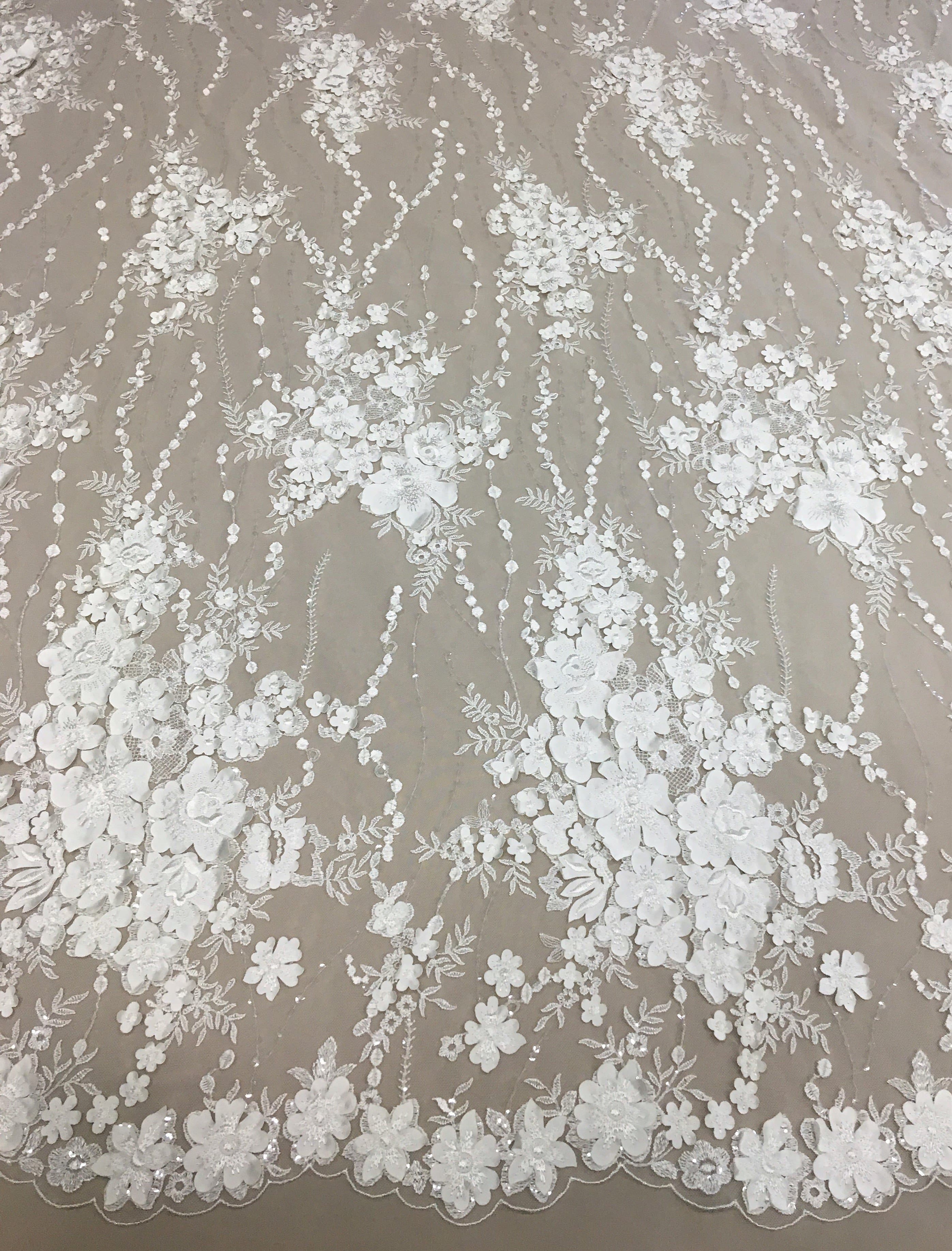 Ivory 3D Floral Tulle — featuring floral motifs and sequins, 50% rayon 50% nylon, 130cm wide