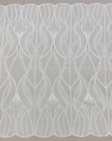 Ivory Embroidered Tulle — featuring scalloped edges and a corded texture, 50% nylon 50% rayon, 130cm wide