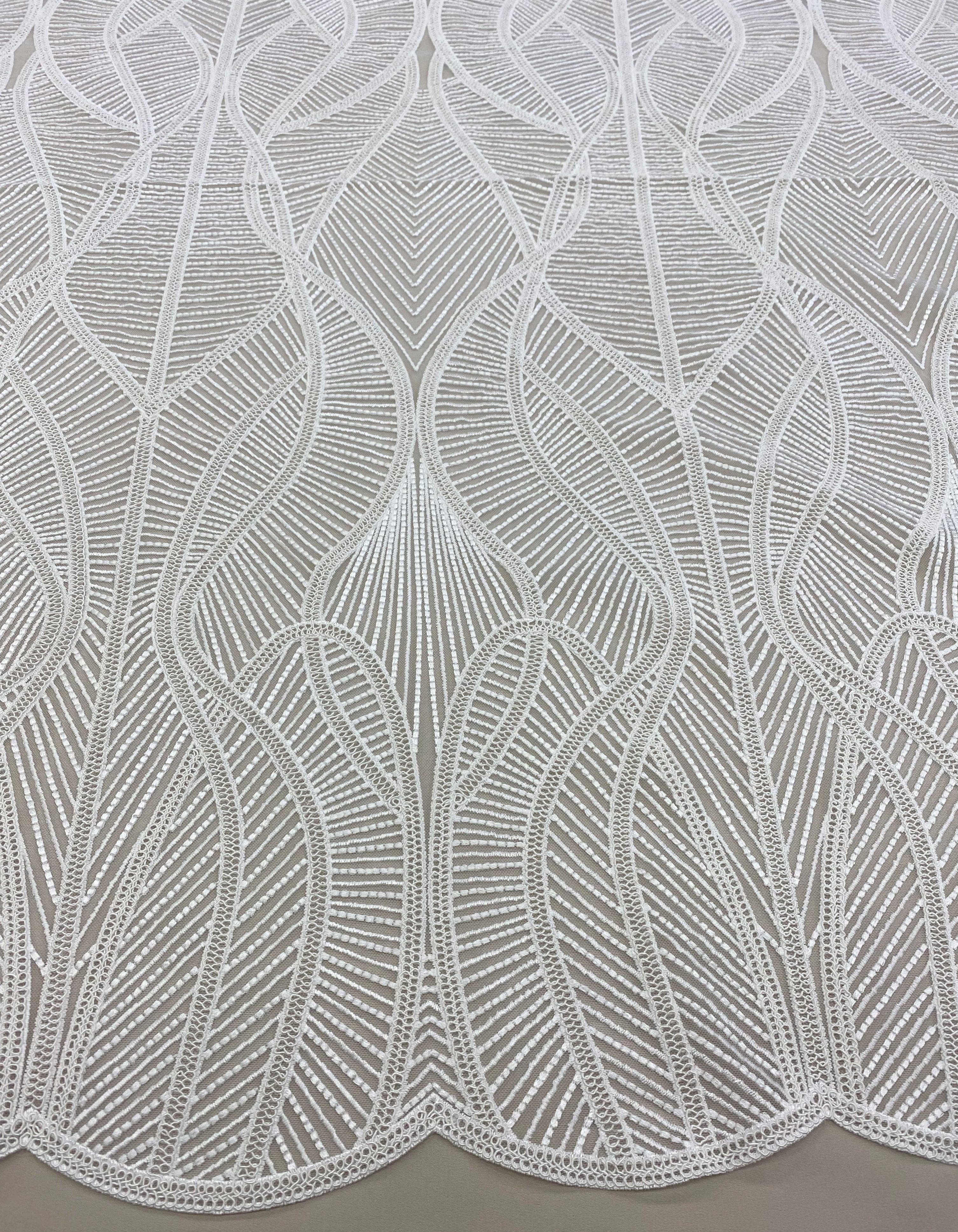 Ivory Embroidered Tulle — featuring scalloped edges and a corded texture, 50% nylon 50% rayon, 130cm wide