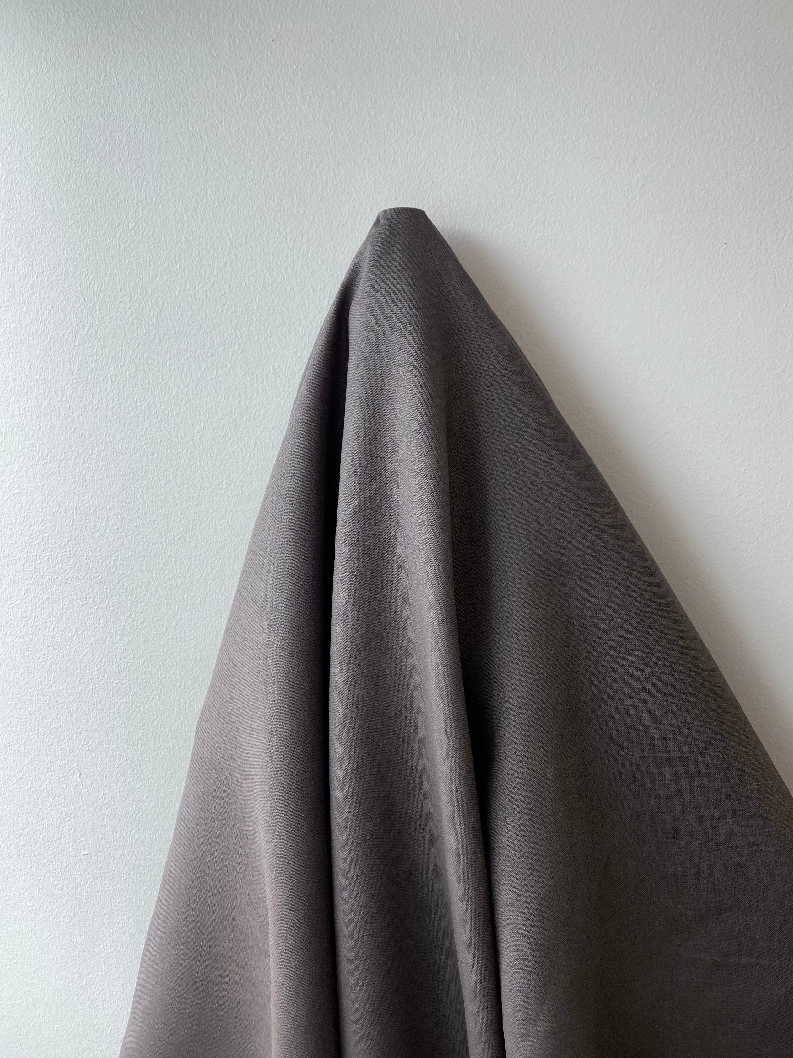 New Slate Linen — mid-weight plain-weave linen with a slightly crisp handle that softens with wear, 100% linen, 135cm wide