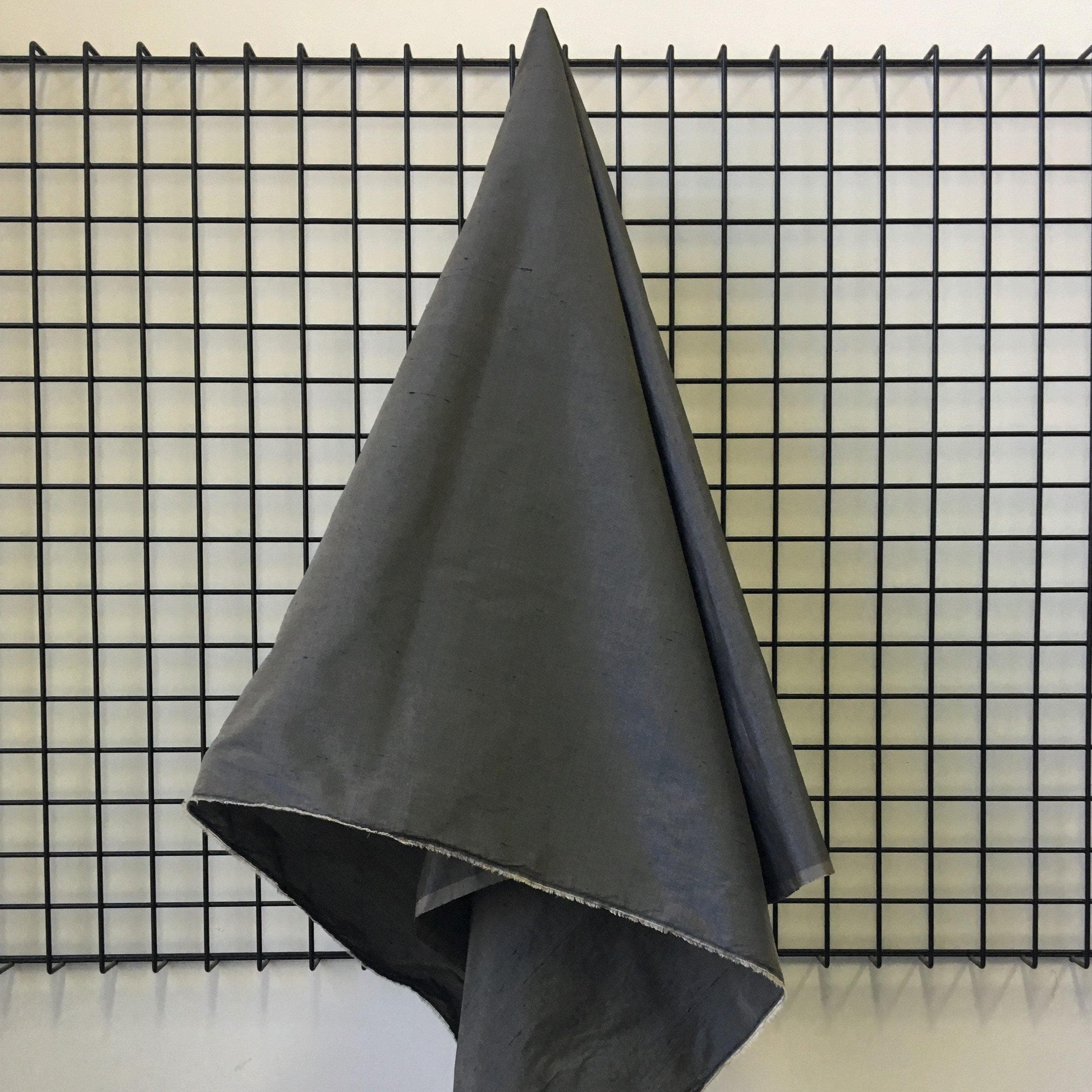 Slate Silk Dupion — mid-weight and crisp with a lightly slubbed texture, 100% silk, 137cm wide