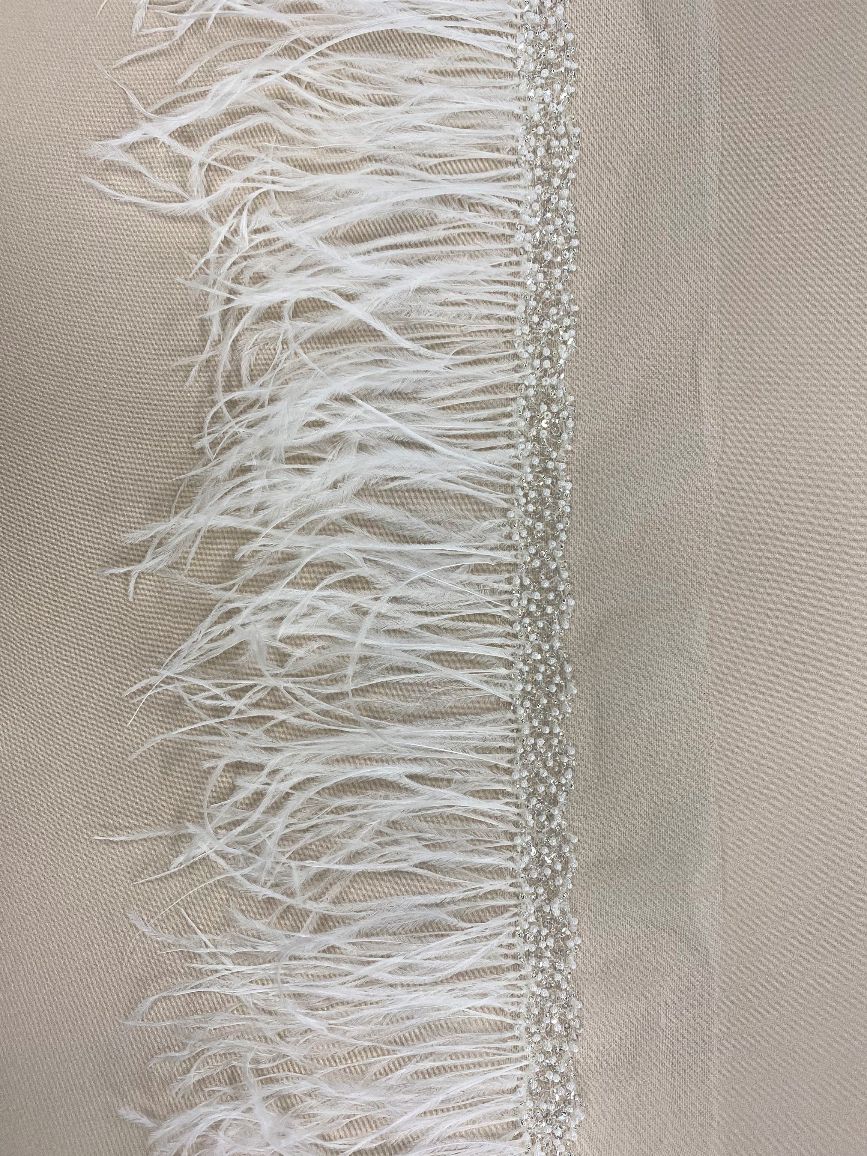 Ostrich feather trim — featuring a soft feather edge with delicate beading, mounted on tulle