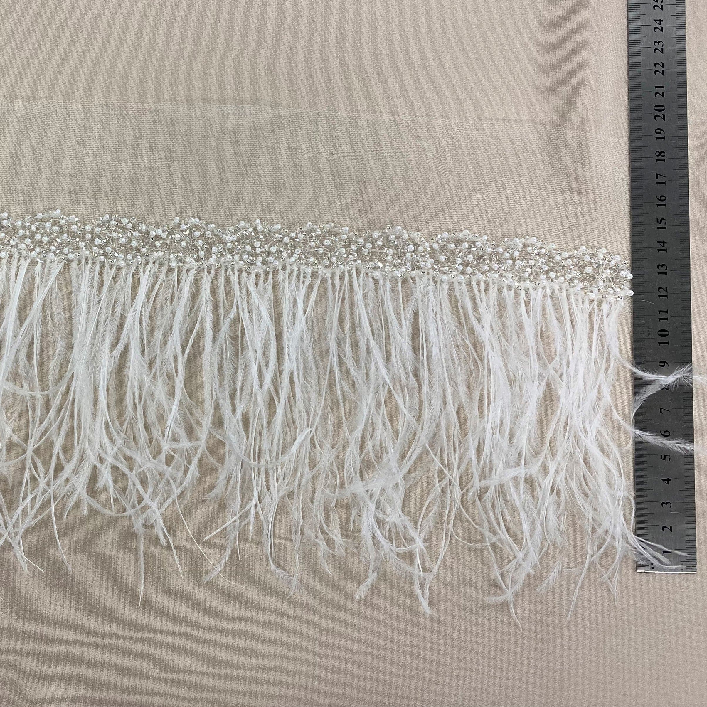 Ostrich feather trim — featuring a soft feather edge with delicate beading, mounted on tulle