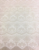 Ivory Scalloped Embroidery — featuring scalloped edges and a corded texture, 50% nylon 50% rayon, 130cm wide