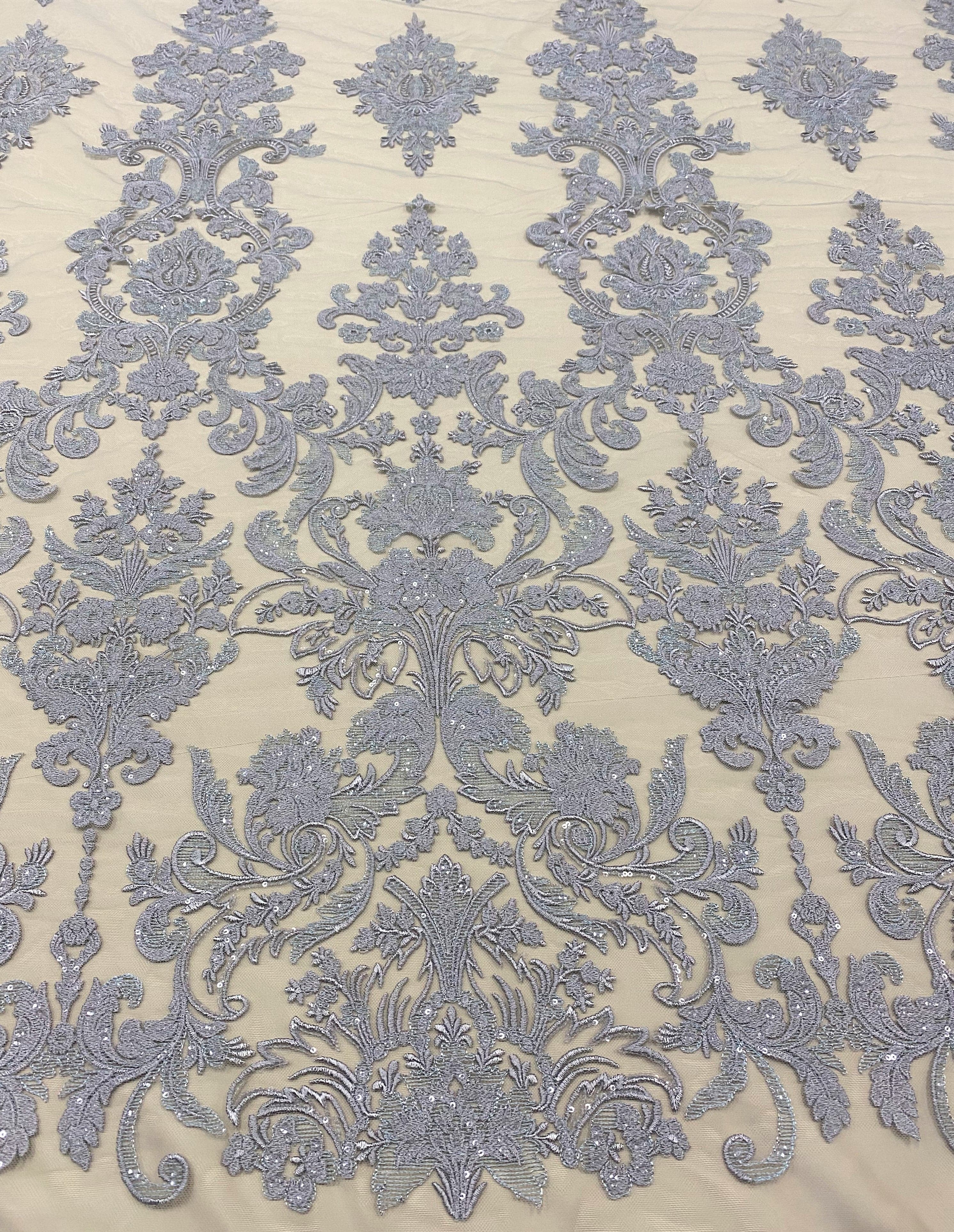 Gunmetal Embroidered Floral Tulle — featuring sequins, 50% nylon 30% polyester 20% rayon, 130cm wide