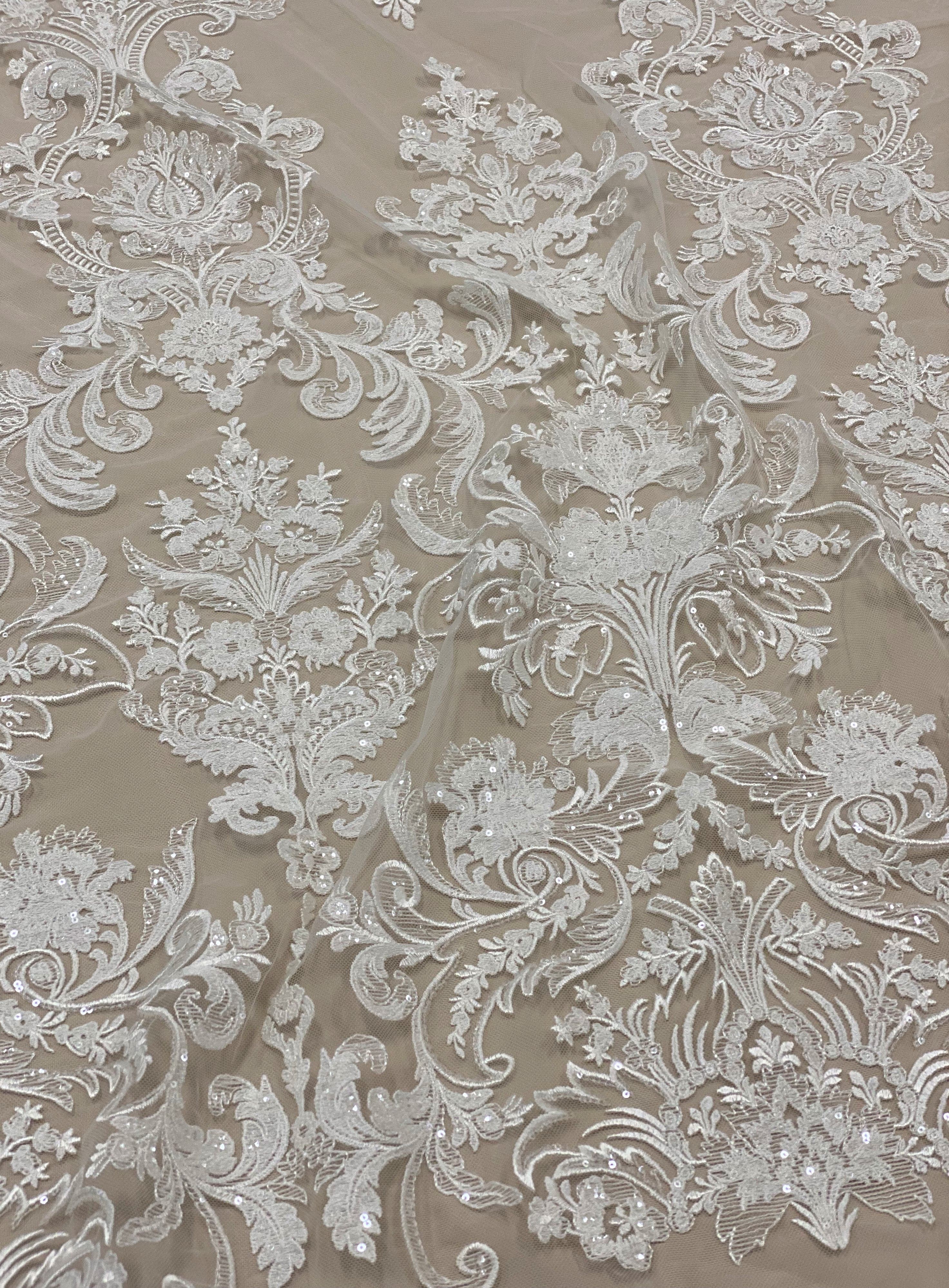 Ivory Embroidered Floral Tulle — featuring sequins, 50% nylon 30% polyester 20% rayon, 130cm wide