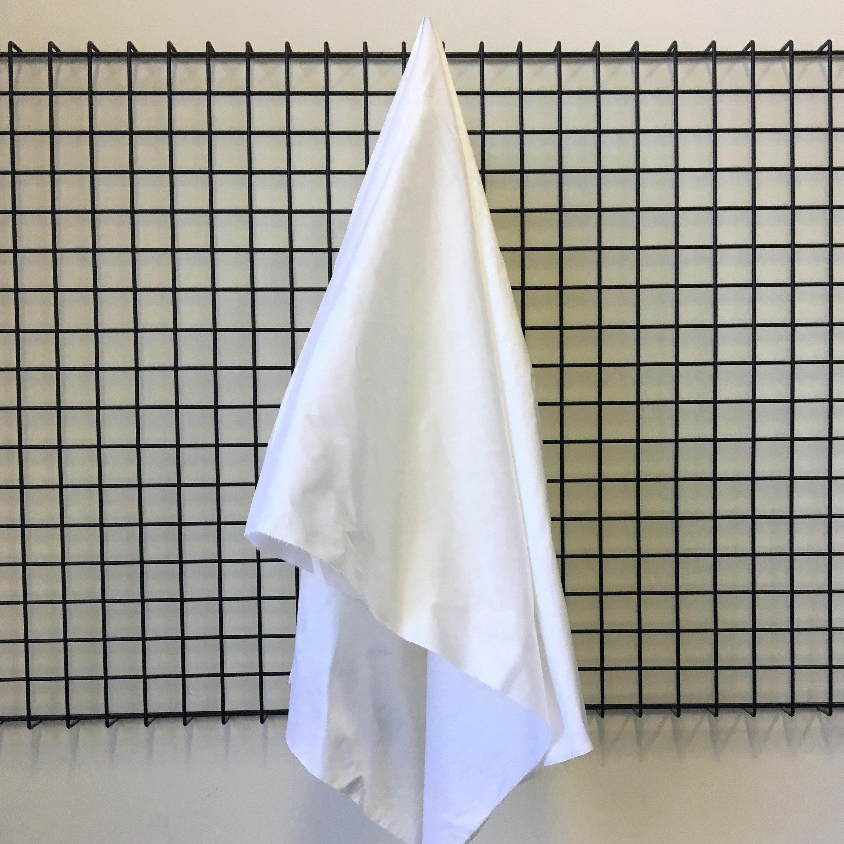 White Silk Dupion — mid-weight and crisp with a lightly slubbed texture, 100% silk, 140cm wide