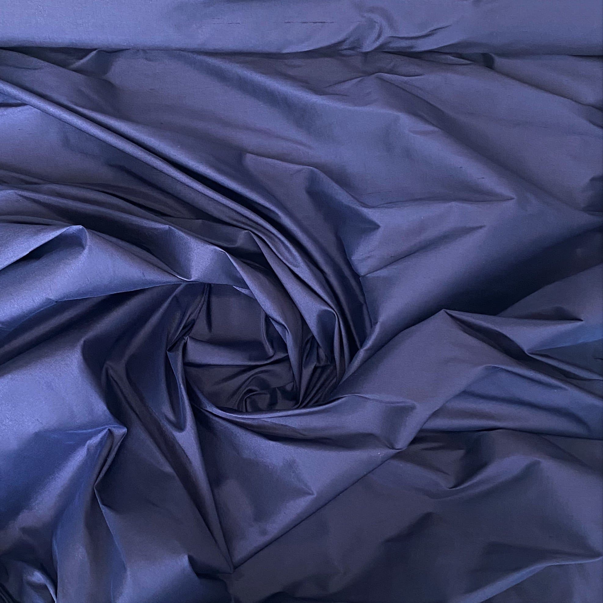 Indigo Silk Dupion — mid-weight and crisp with a lightly slubbed texture, 100% silk, 137cm wide