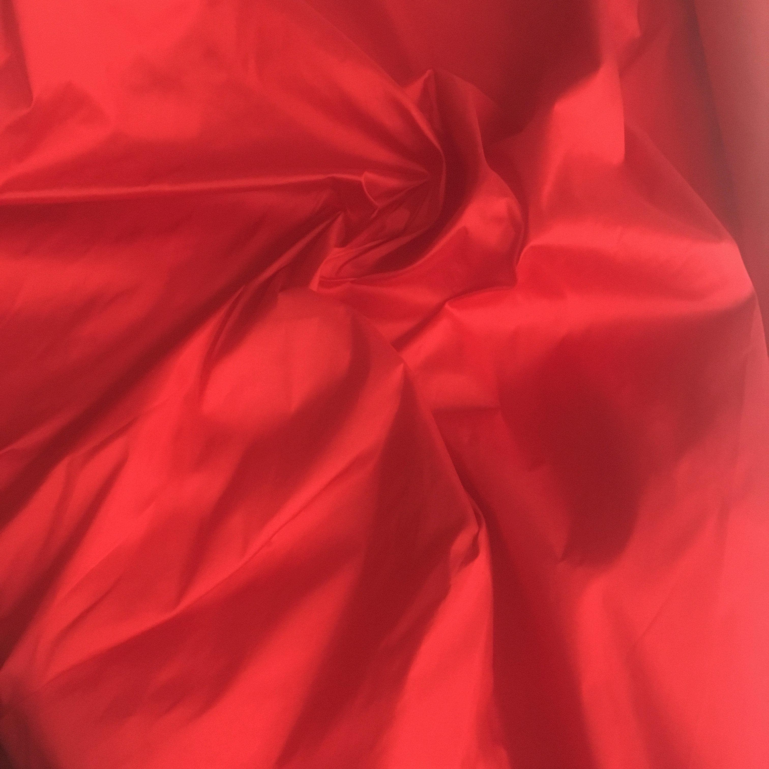 Deep Red Silk Dupion — mid-weight and crisp with a lightly slubbed texture, 100% silk, 137cm wide