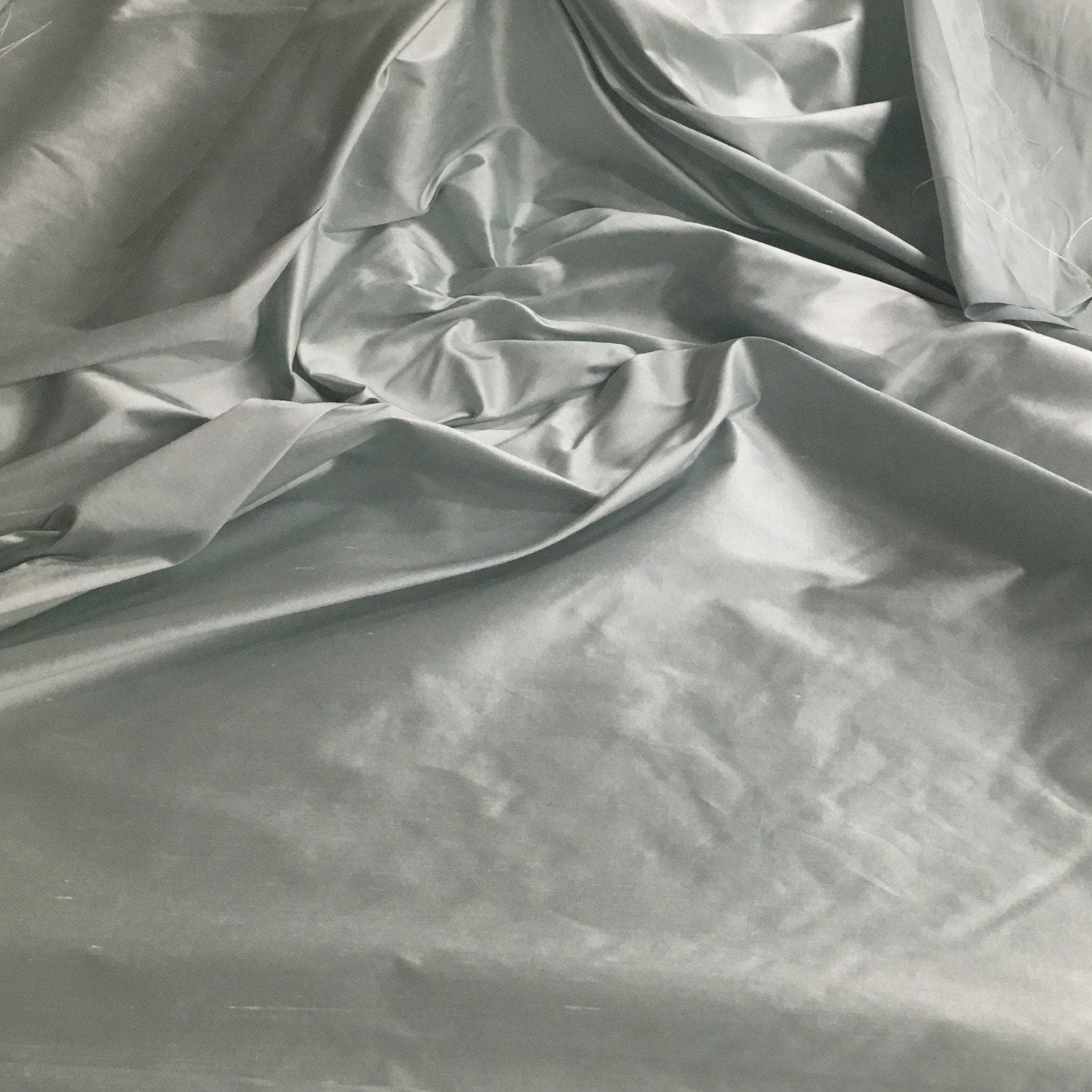 Duck Egg Silk Dupion — mid-weight and crisp with a lightly slubbed texture, 100% silk, 137cm wide