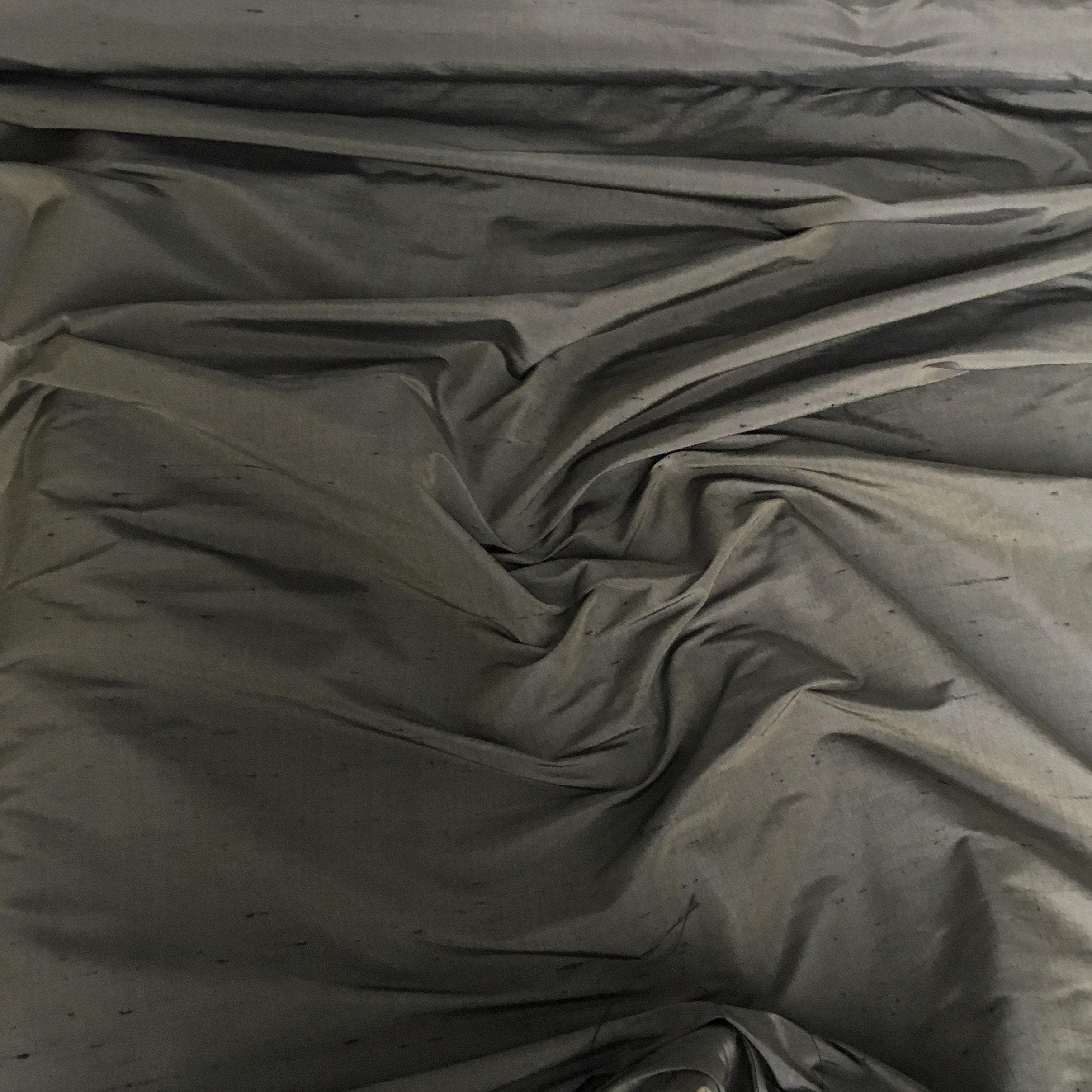 Slate Silk Dupion — mid-weight and crisp with a lightly slubbed texture, 100% silk, 137cm wide