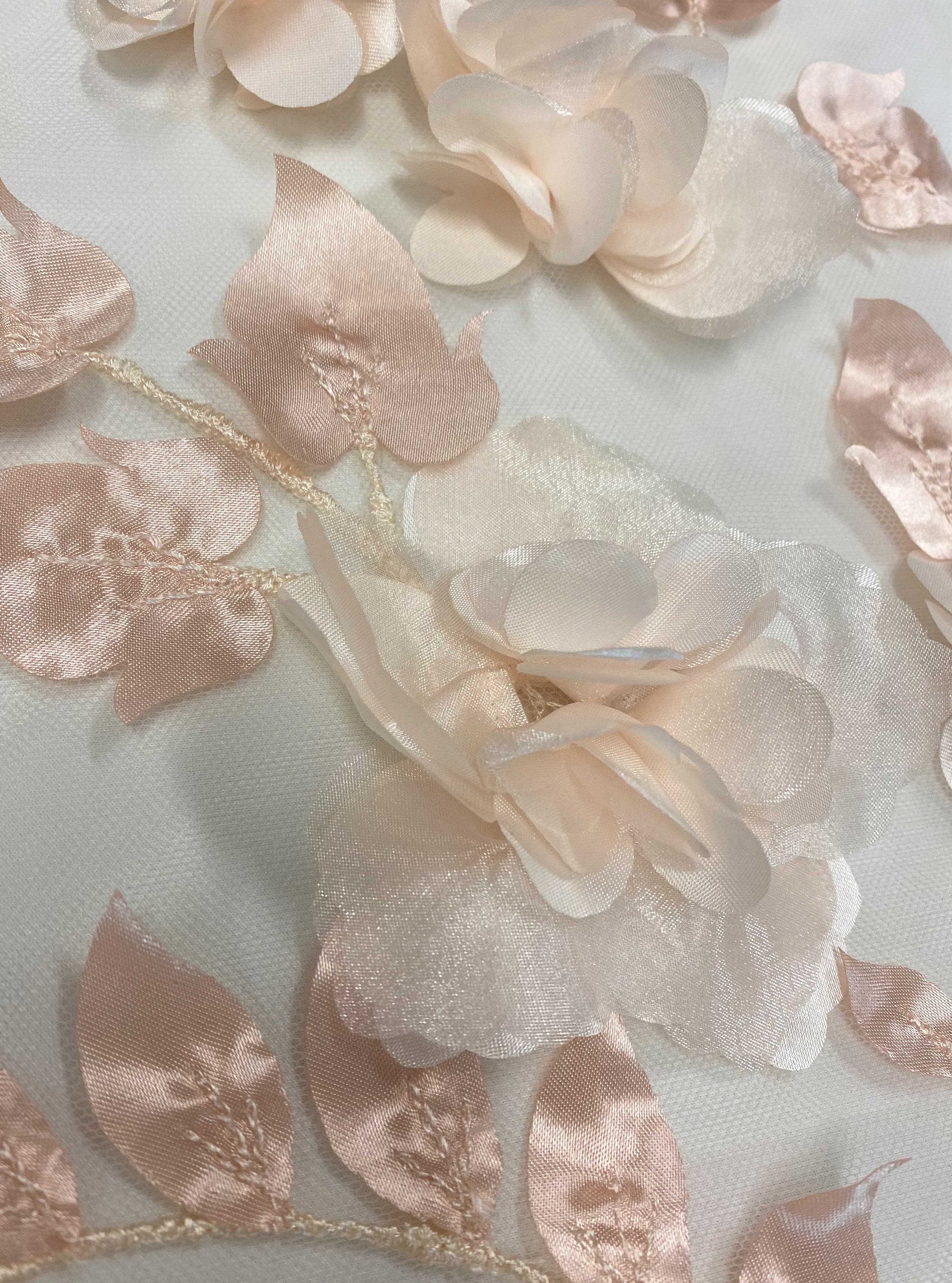Blush 3D Floral Tulle — featuring floral motifs, a 3D floral design and a border design, 40% polyester 30% nylon 30% rayon, 130cm wide
