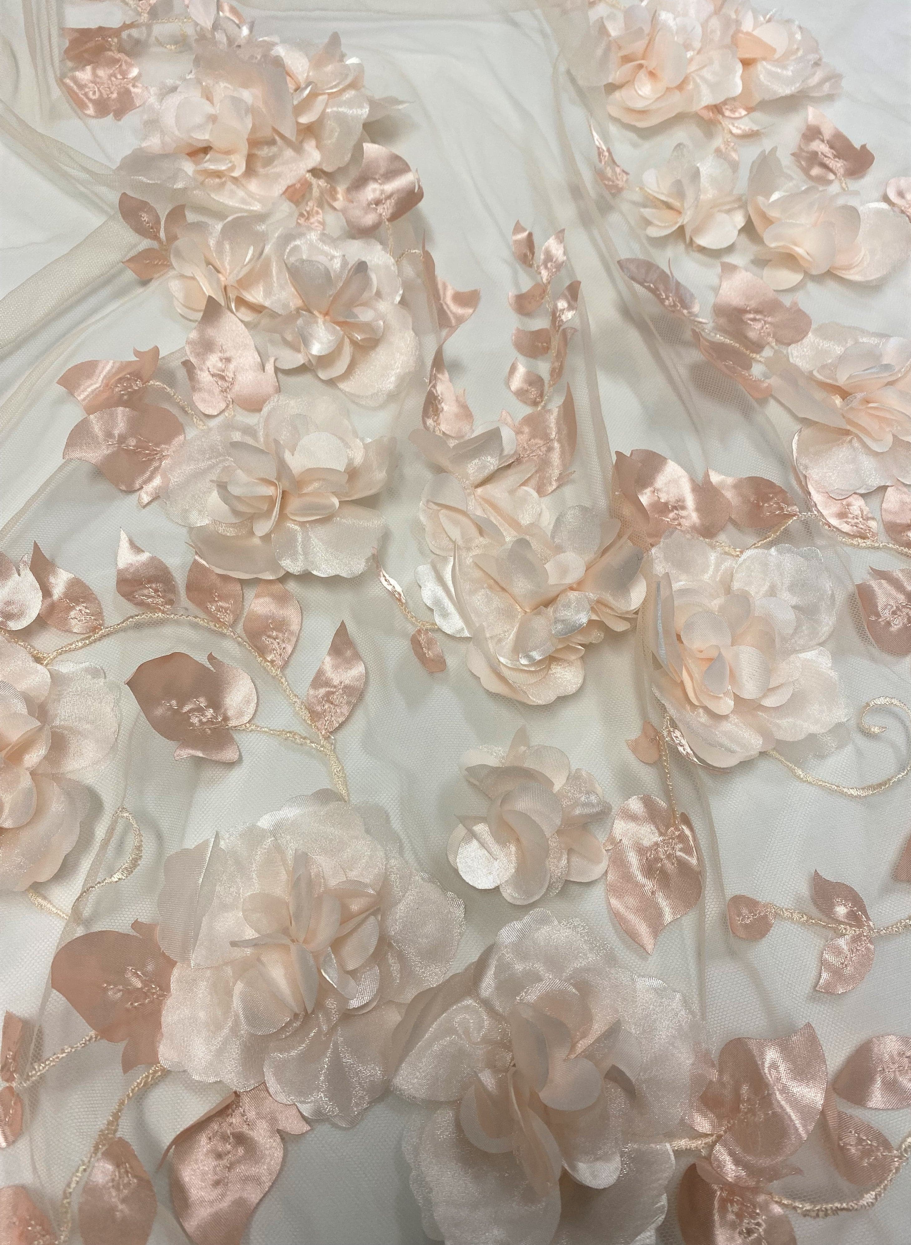 Blush 3D Floral Tulle — featuring floral motifs, a 3D floral design and a border design, 40% polyester 30% nylon 30% rayon, 130cm wide