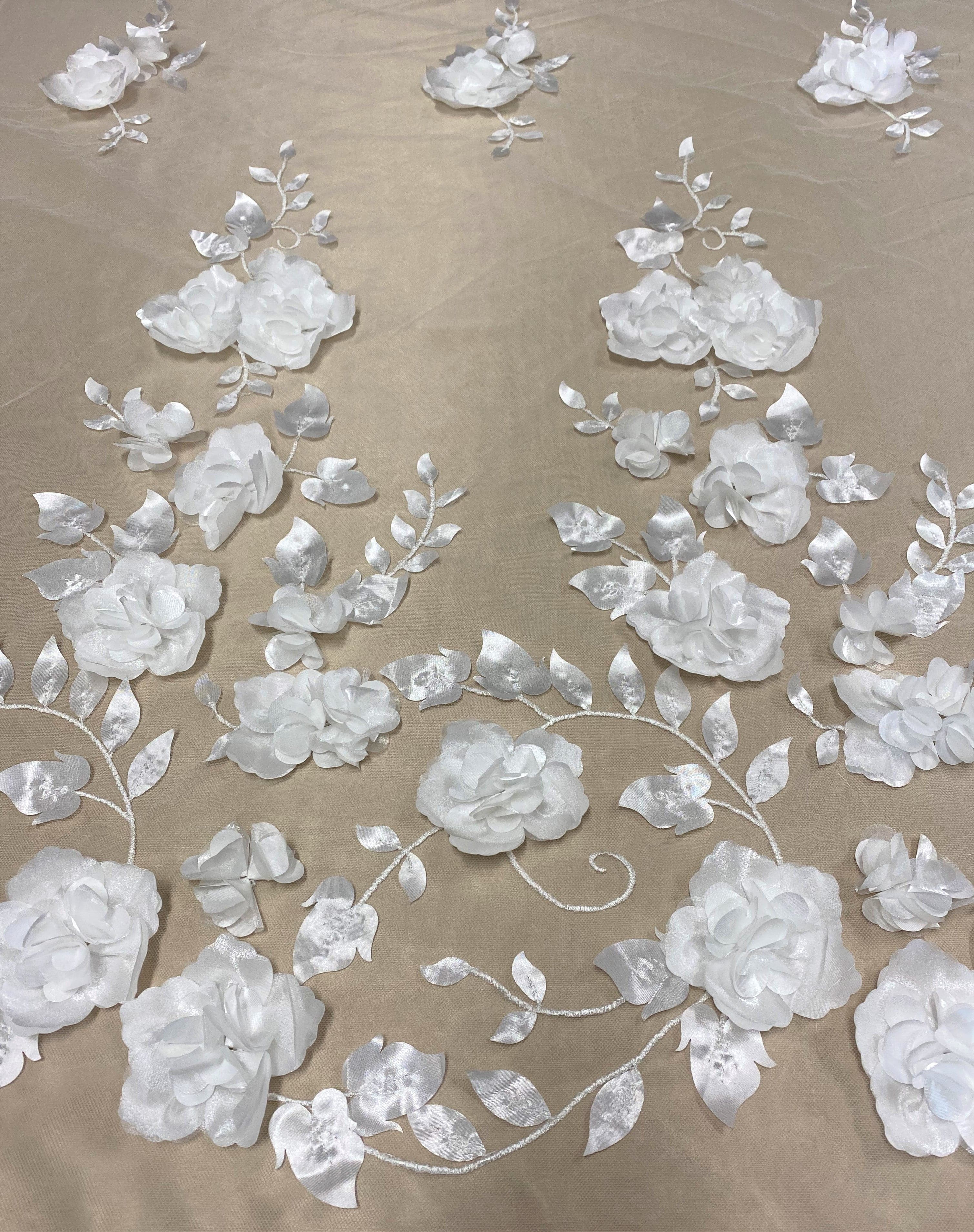 Ivory 3D Floral Tulle — featuring floral motifs, a 3D floral design and a border design, 40% polyester 30% nylon 30% rayon, 130cm wide