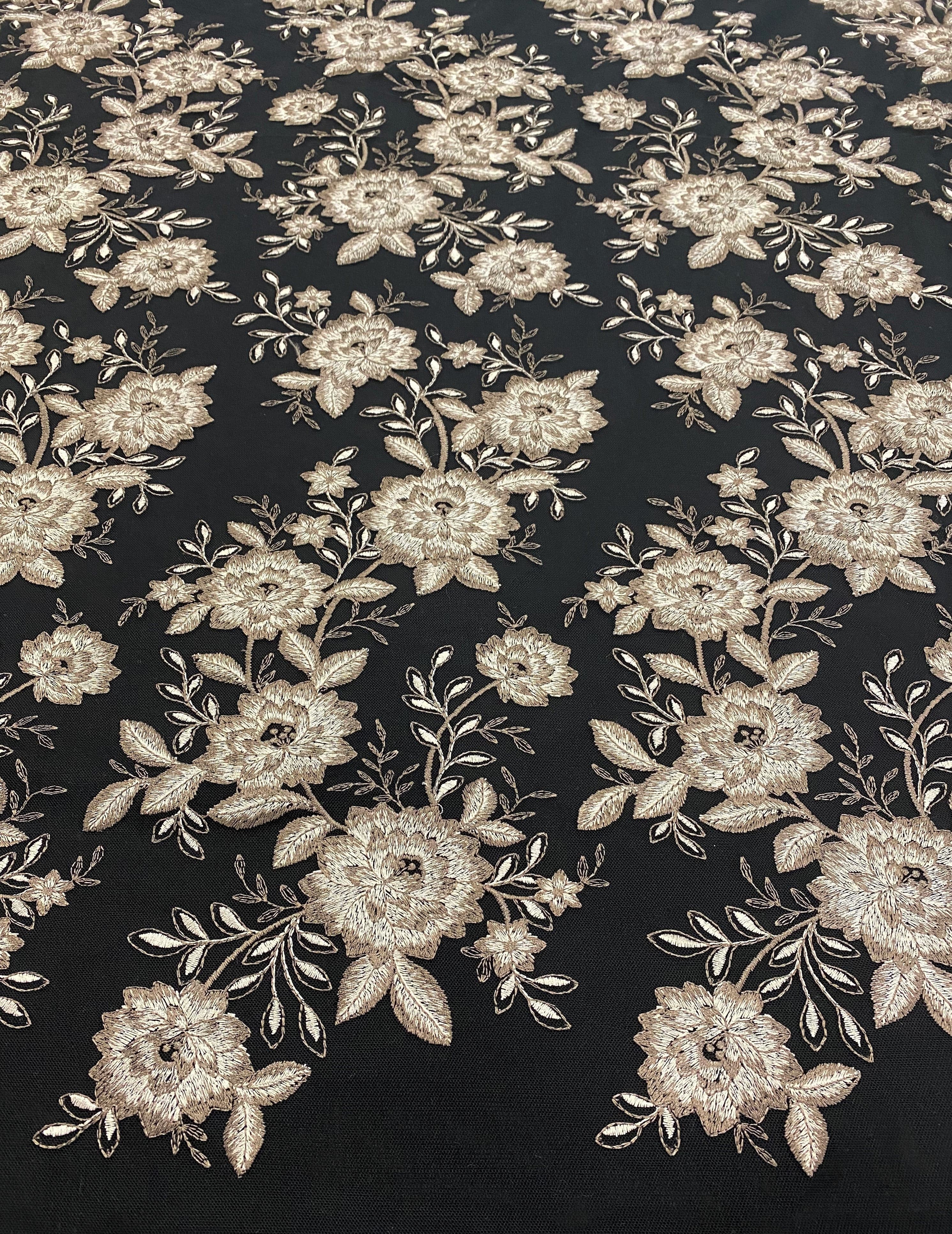 Black Embroidered Tulle — featuring floral motifs, 100% polyamide, 125cm wide