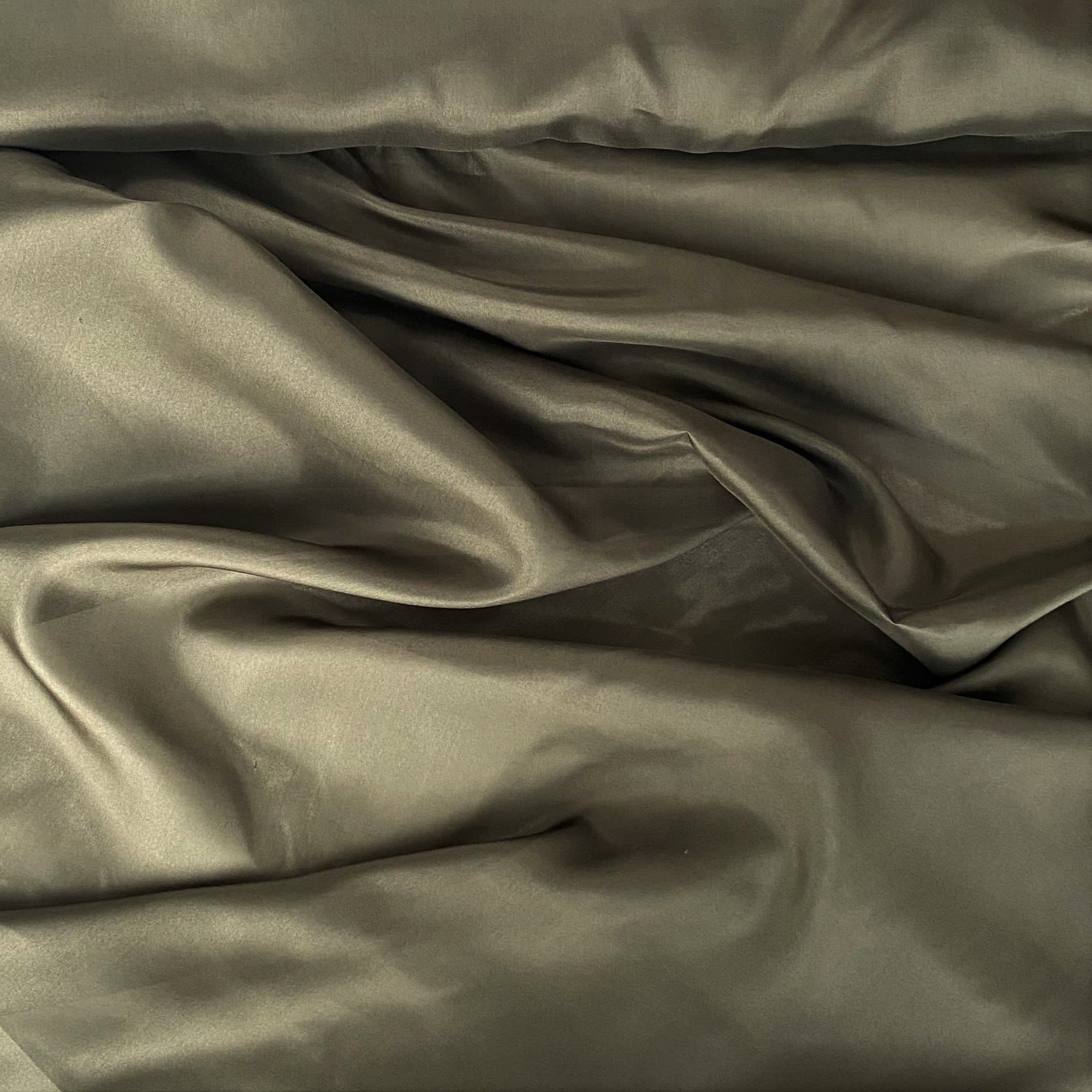 Khaki Habotai — soft with a light, airy drape and a smooth satin finish, 100% mulberry silk, 140cm wide