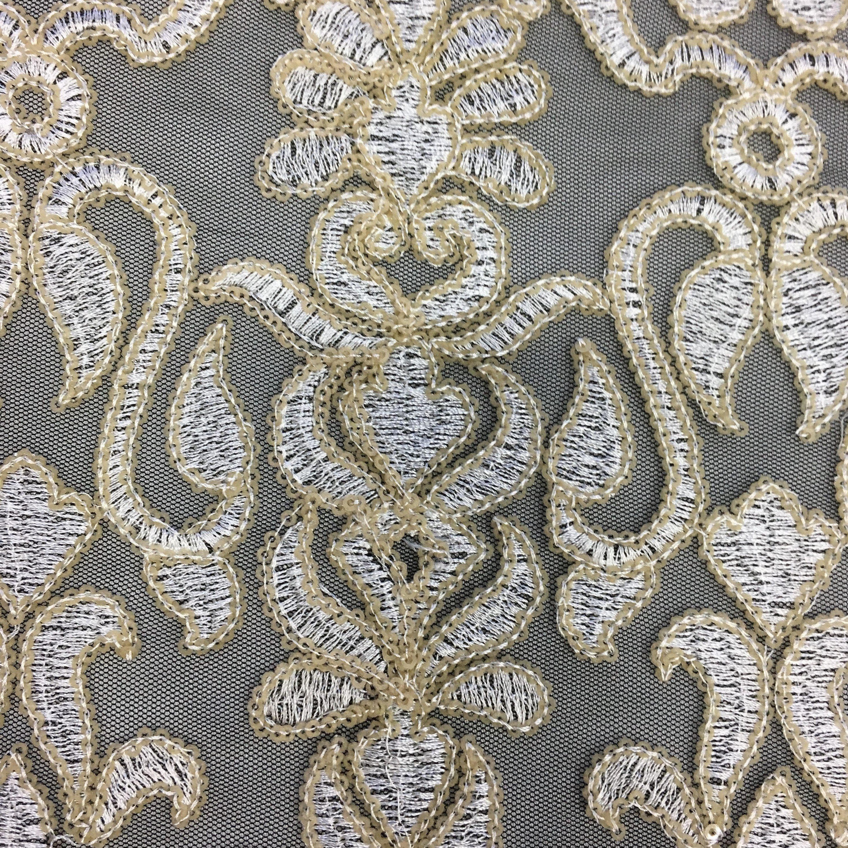 Beige Embroidered Tulle — featuring sequins, 100% nylon, 105cm wide