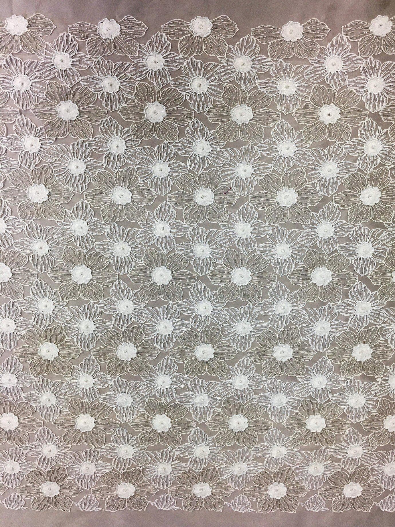 Ivory Floral Beaded Tulle — featuring floral motifs and hand-beading, 100% nylon, 105cm wide