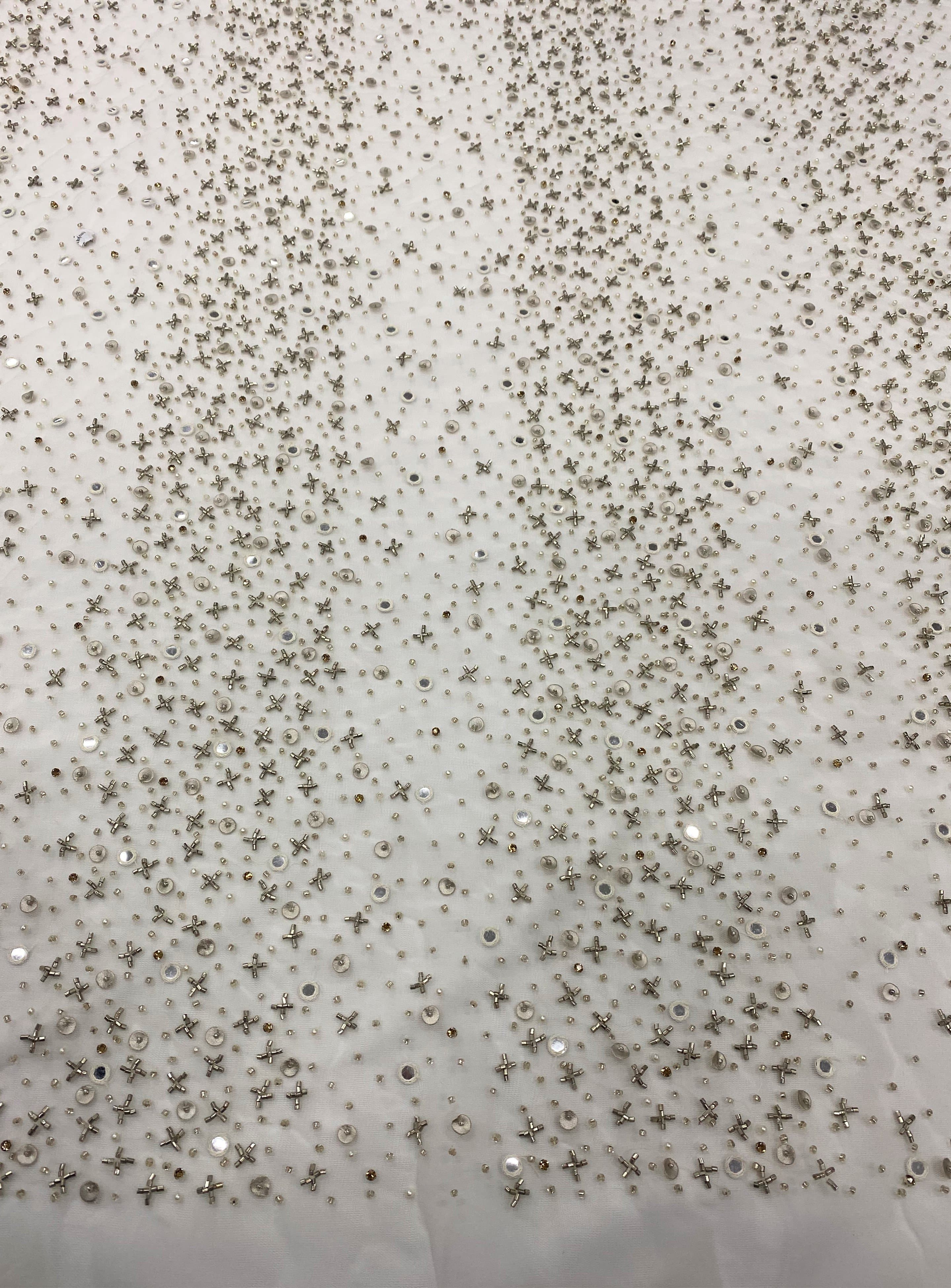 Ivory Beaded Tulle — featuring hand-beading and sequins, 100% nylon, 140cm wide