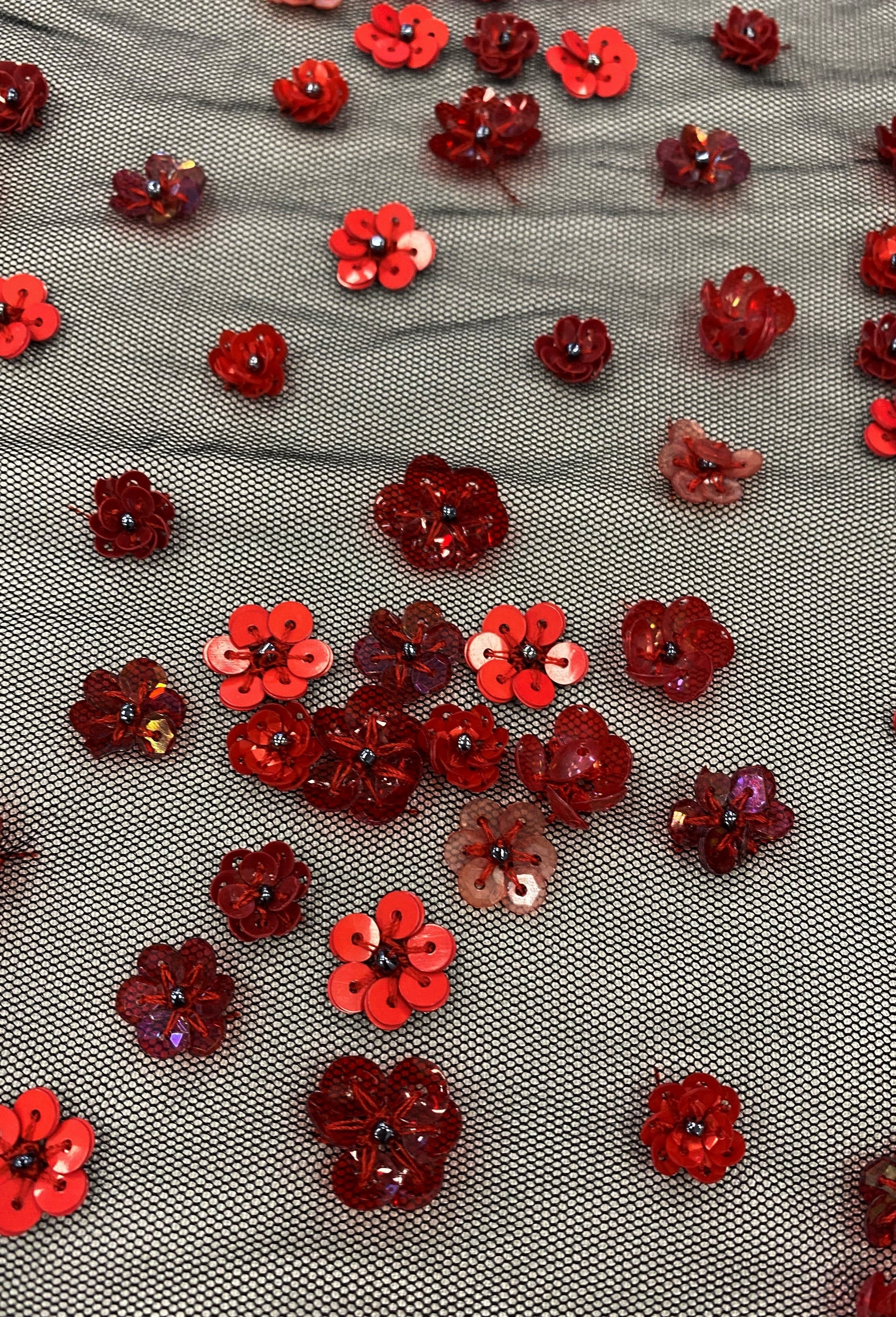 Red / Black Floral Sequin Tulle — featuring hand-beading and sequins, 100% nylon, 105cm wide