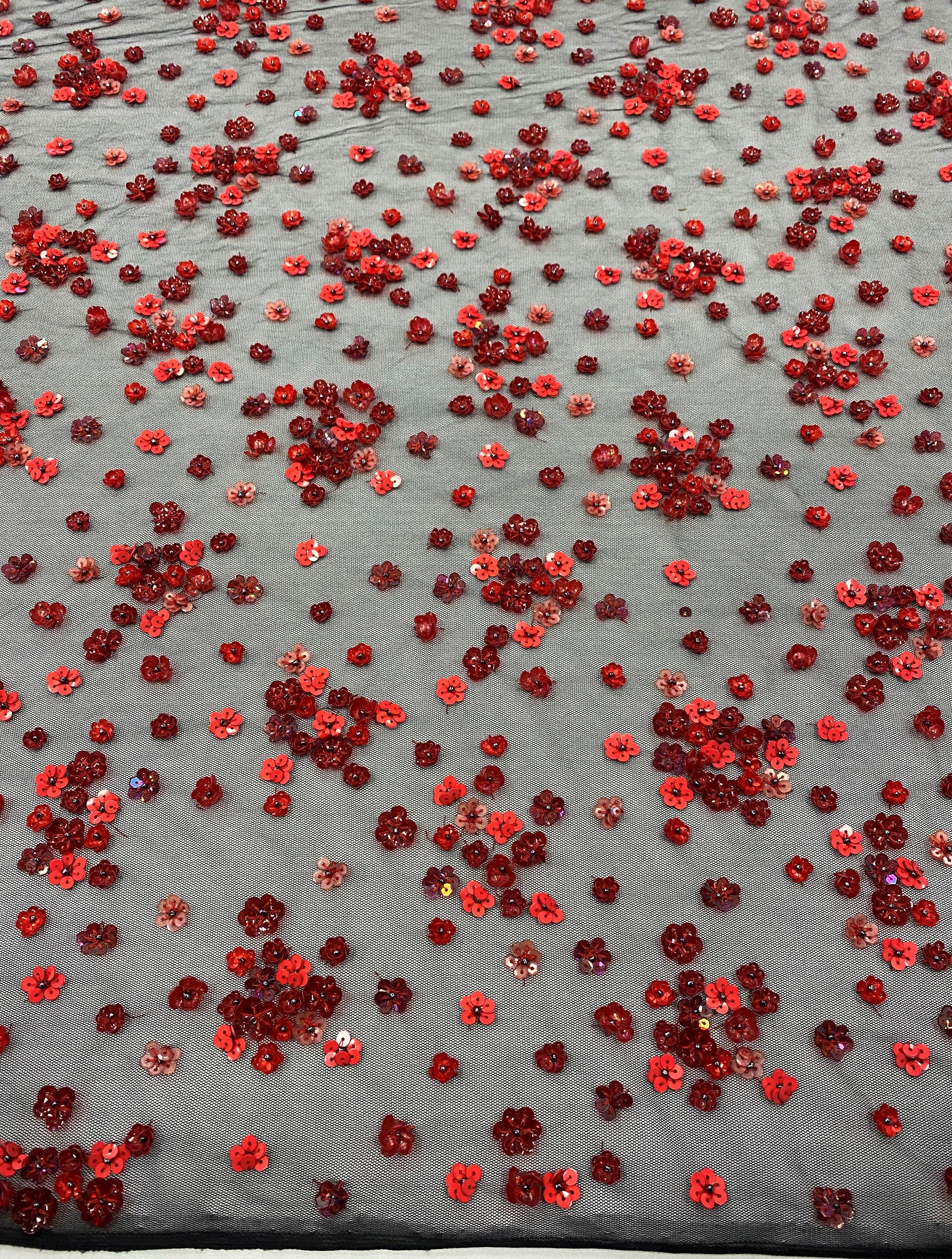 Red / Black Floral Sequin Tulle — featuring hand-beading and sequins, 100% nylon, 105cm wide