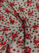 Red / Black Floral Sequin Tulle — featuring hand-beading and sequins, 100% nylon, 105cm wide