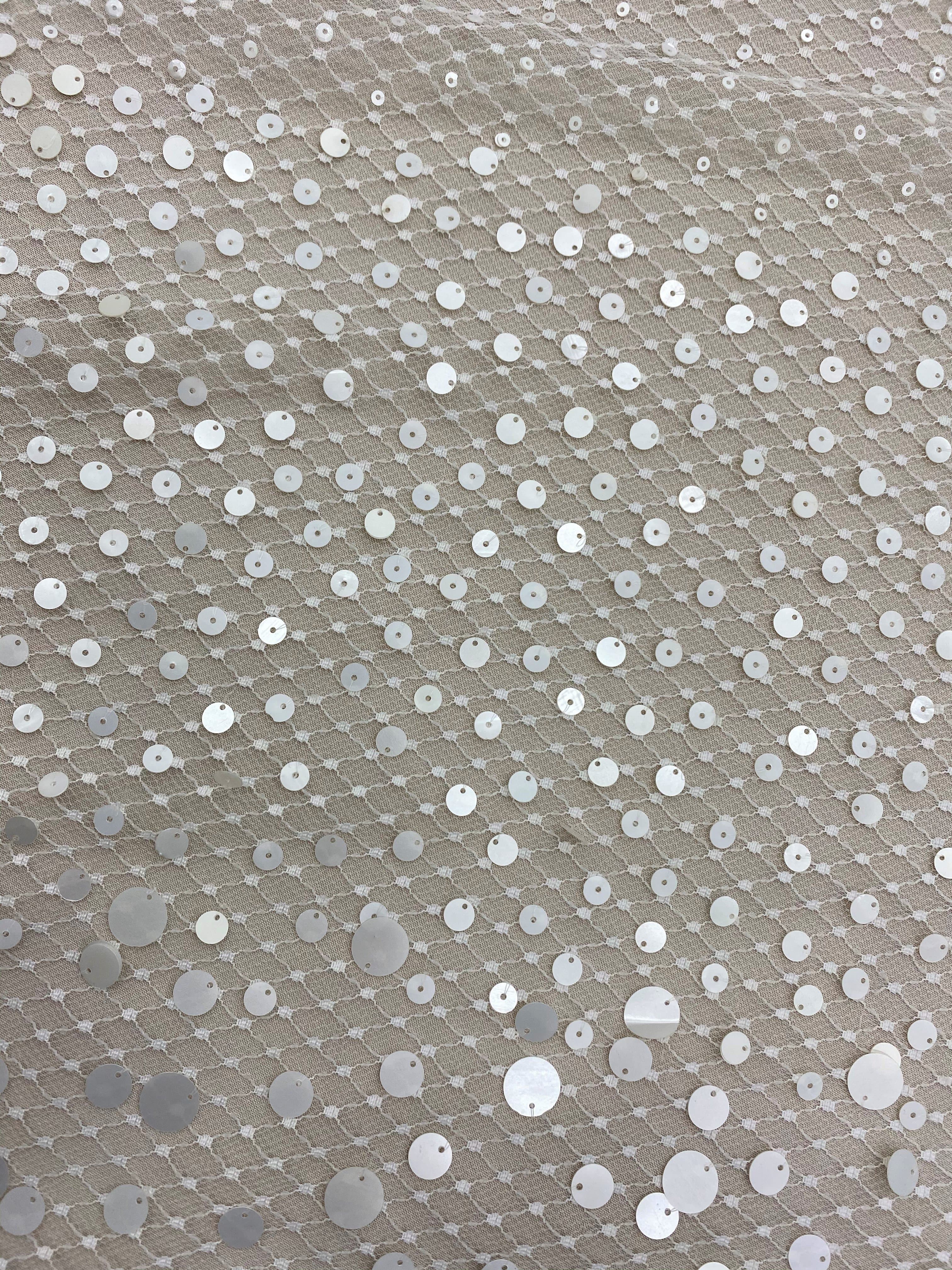 White Beaded Tulle — featuring sequins, 100% polyester, 110cm wide