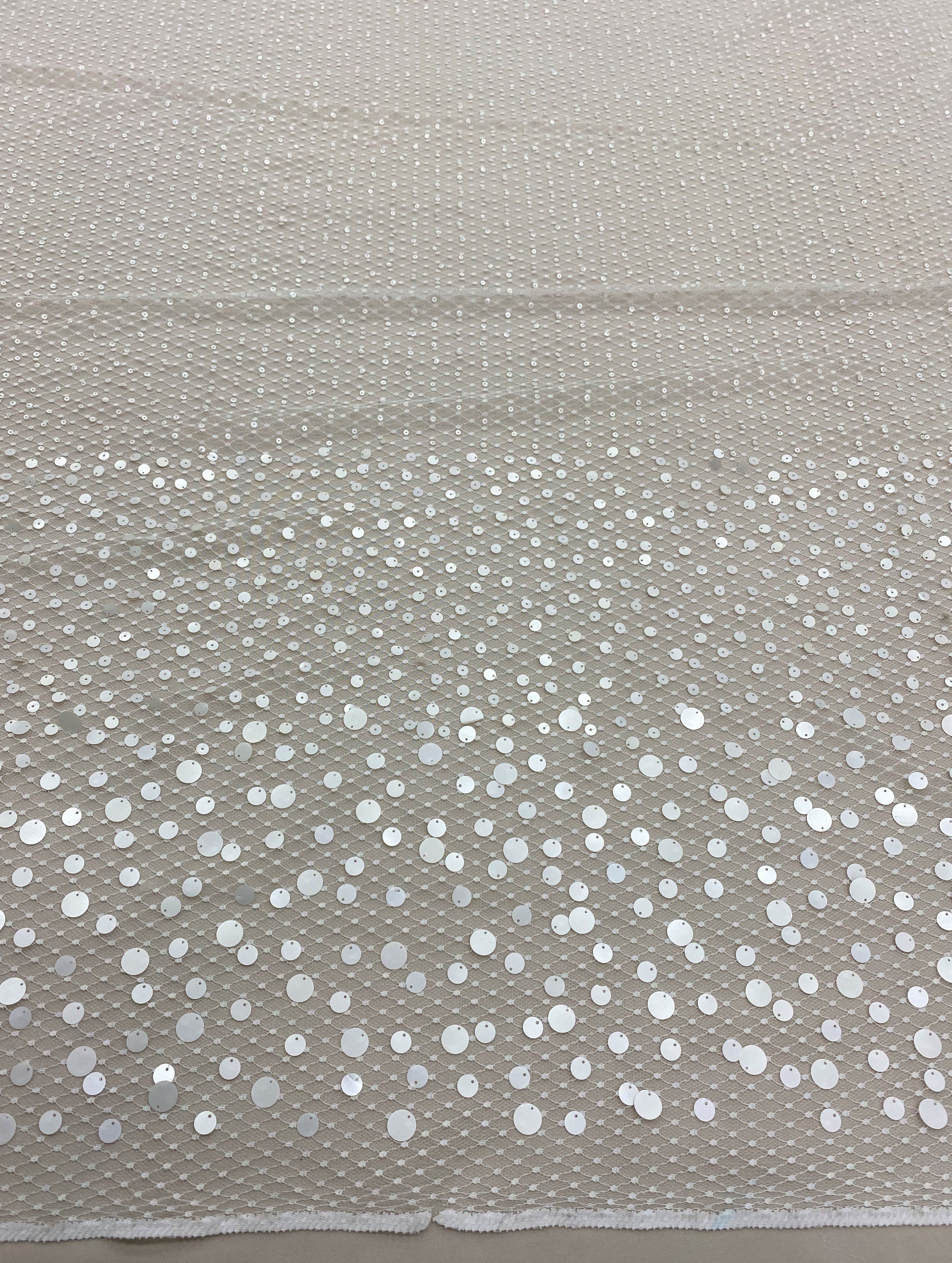 White Beaded Tulle — featuring sequins, 100% polyester, 110cm wide