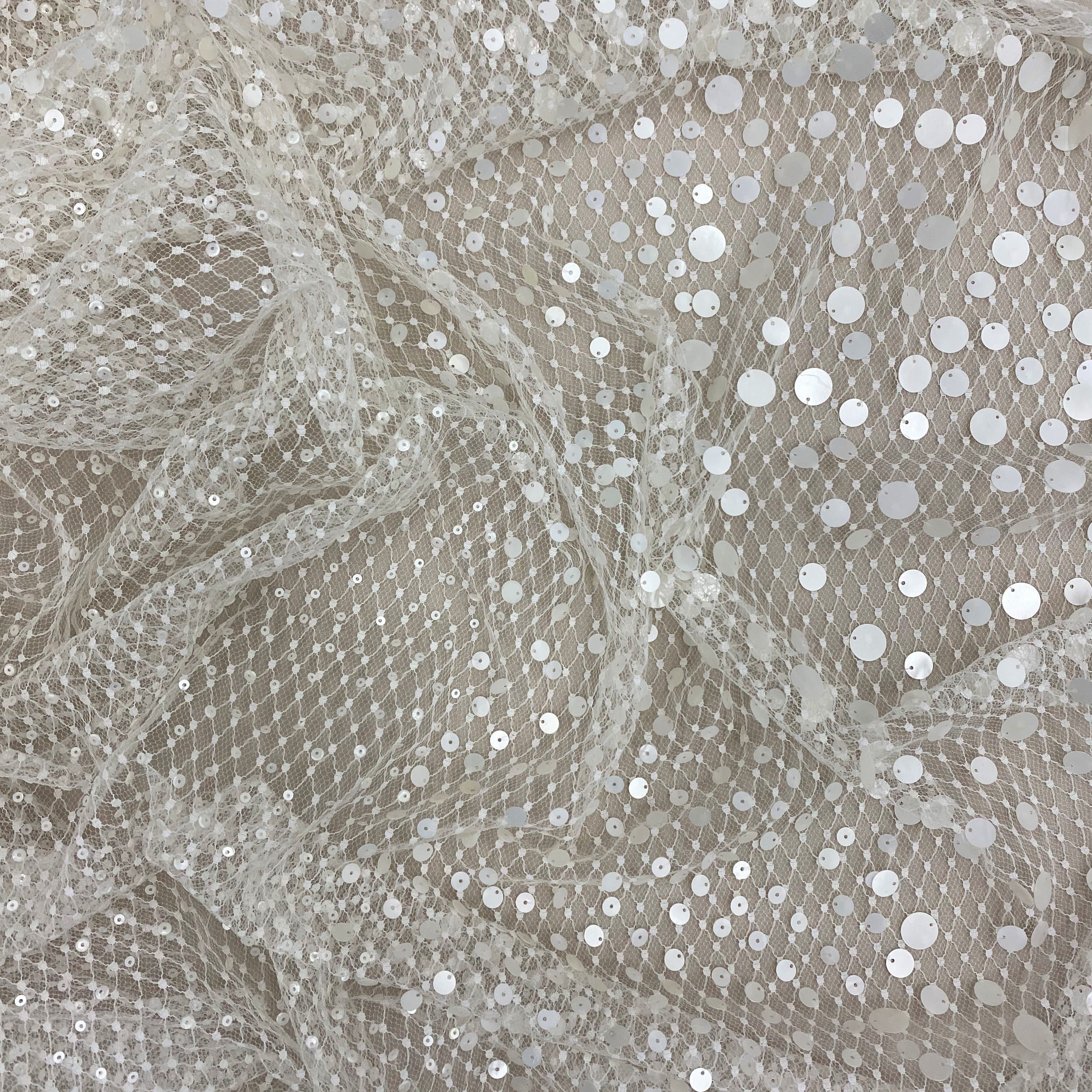 White Beaded Tulle — featuring sequins, 100% polyester, 110cm wide