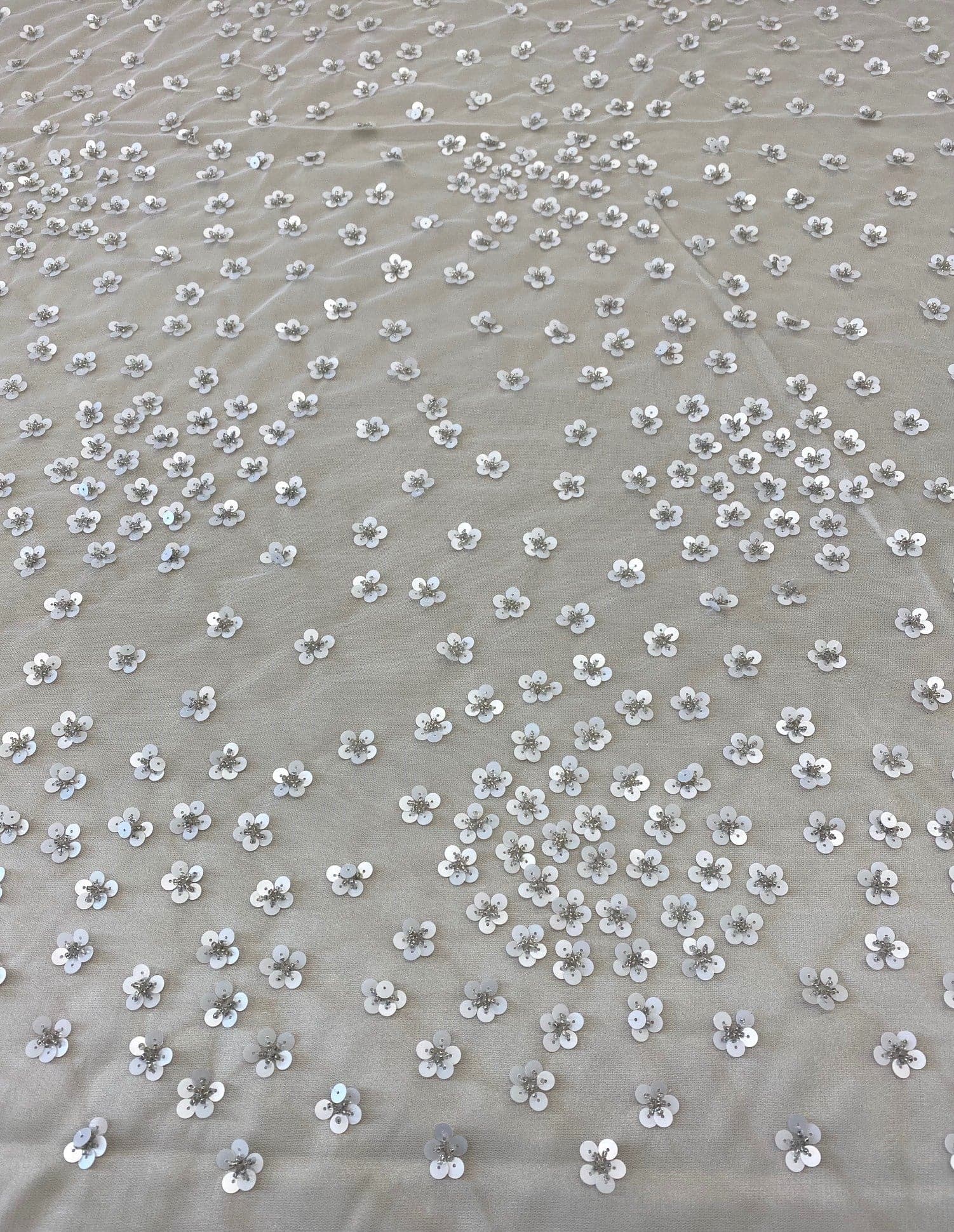 Ivory / Pink Floral Sequin Tulle — featuring hand-beading and sequins, 100% nylon, 110cm wide