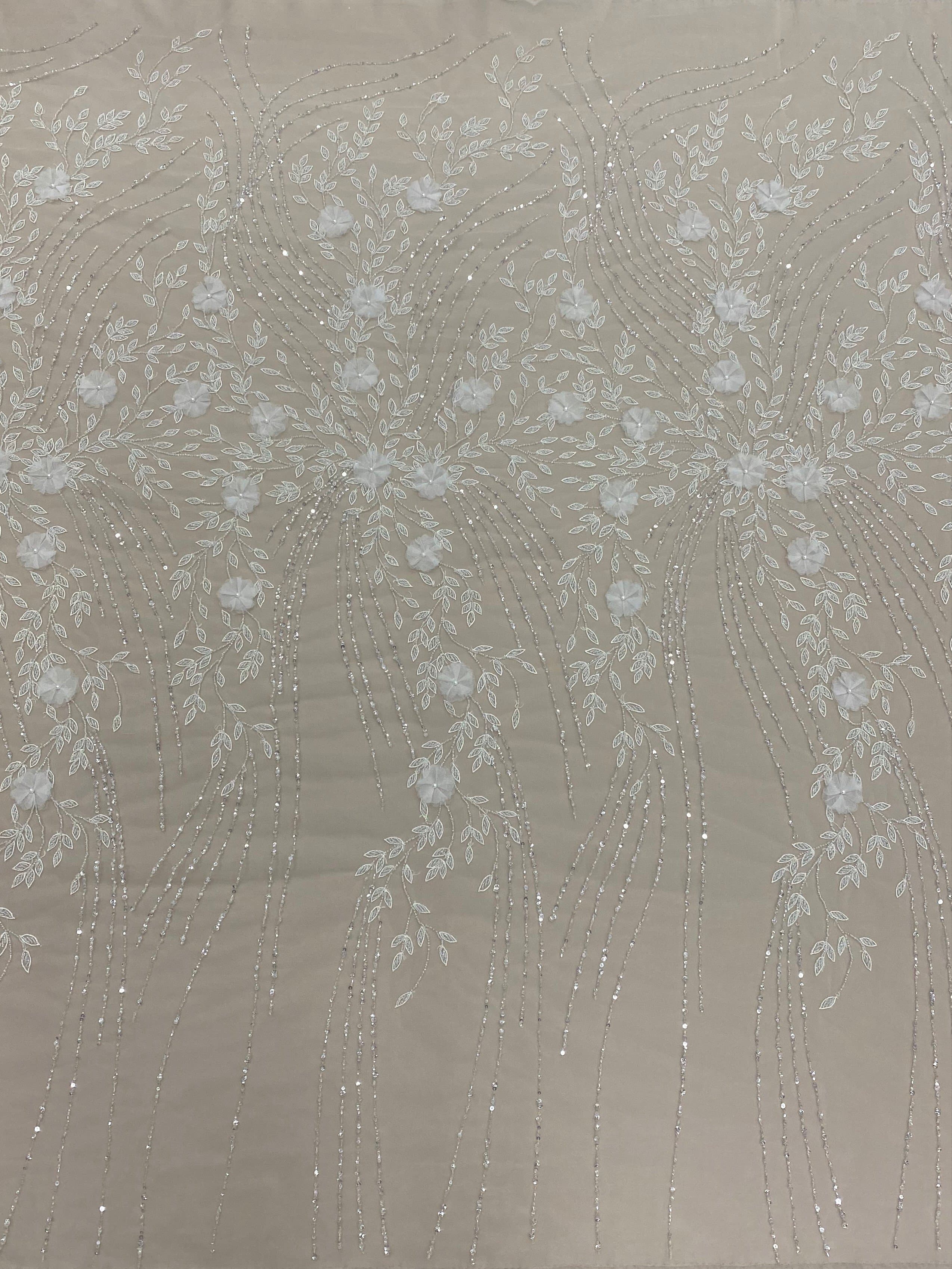 Ivory Embellished Tulle — featuring floral motifs, hand-beading and sequins, in nylon, 105cm wide